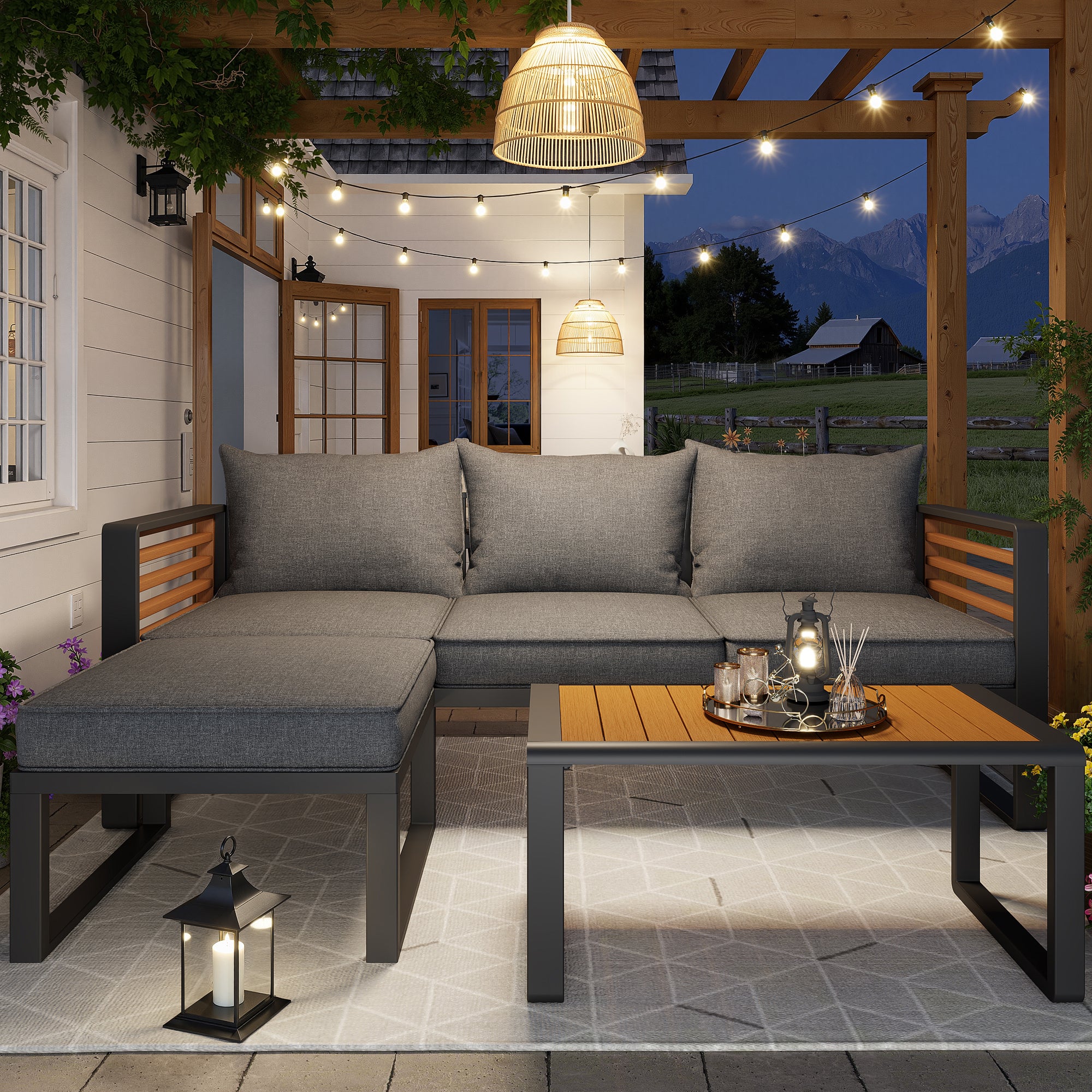 Garden Lounge Set 3-4 Seater Modern Outdoor Sofa - Galvanized Iron Frame