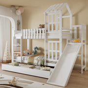 Bunk bed, children's bed with large drawer, fun slide, roof and window, white, Pine+MDF+Plywood