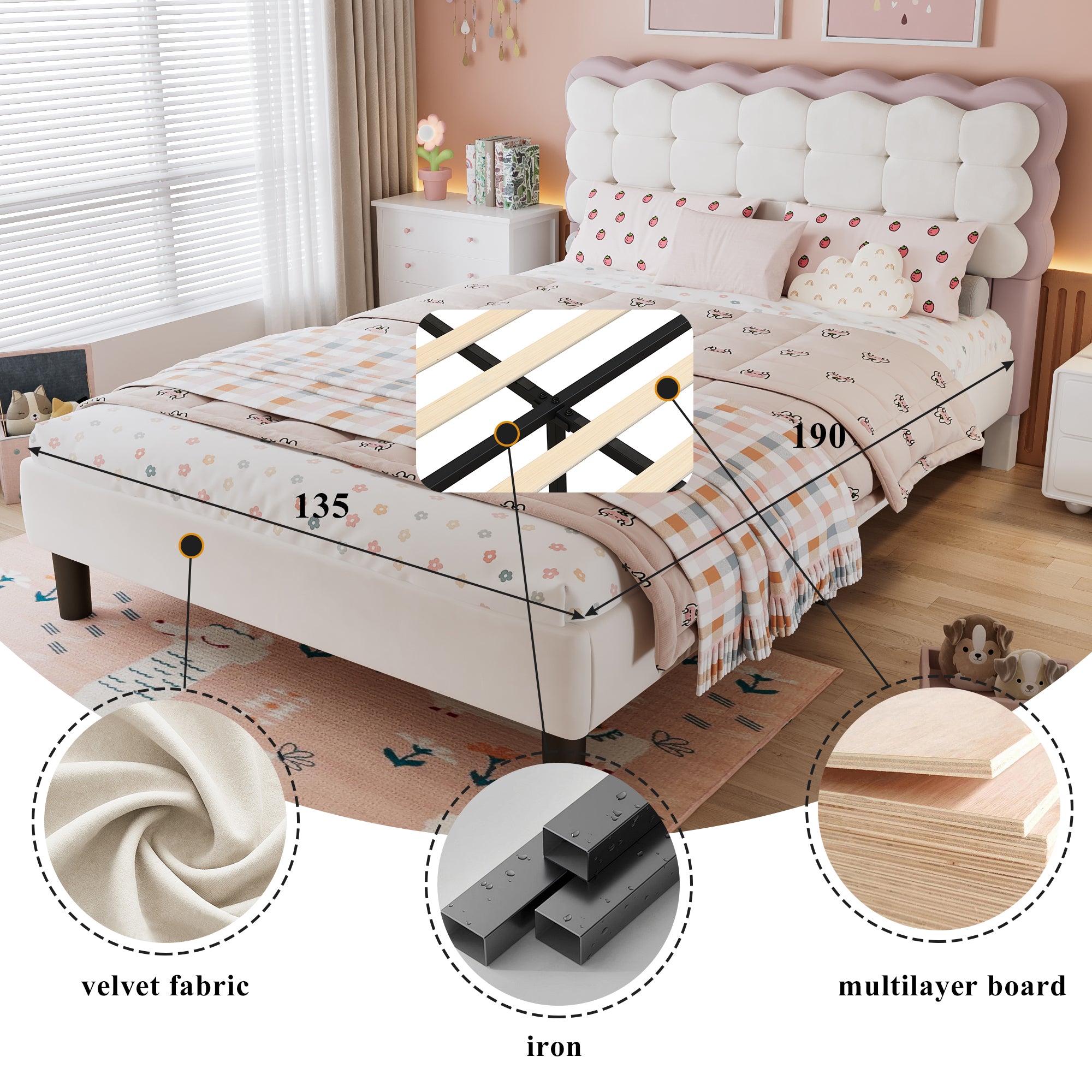 Upholstered Bed, Biscuit Shape Velvet Backrest, 4ft6 Double, Beige+Pink