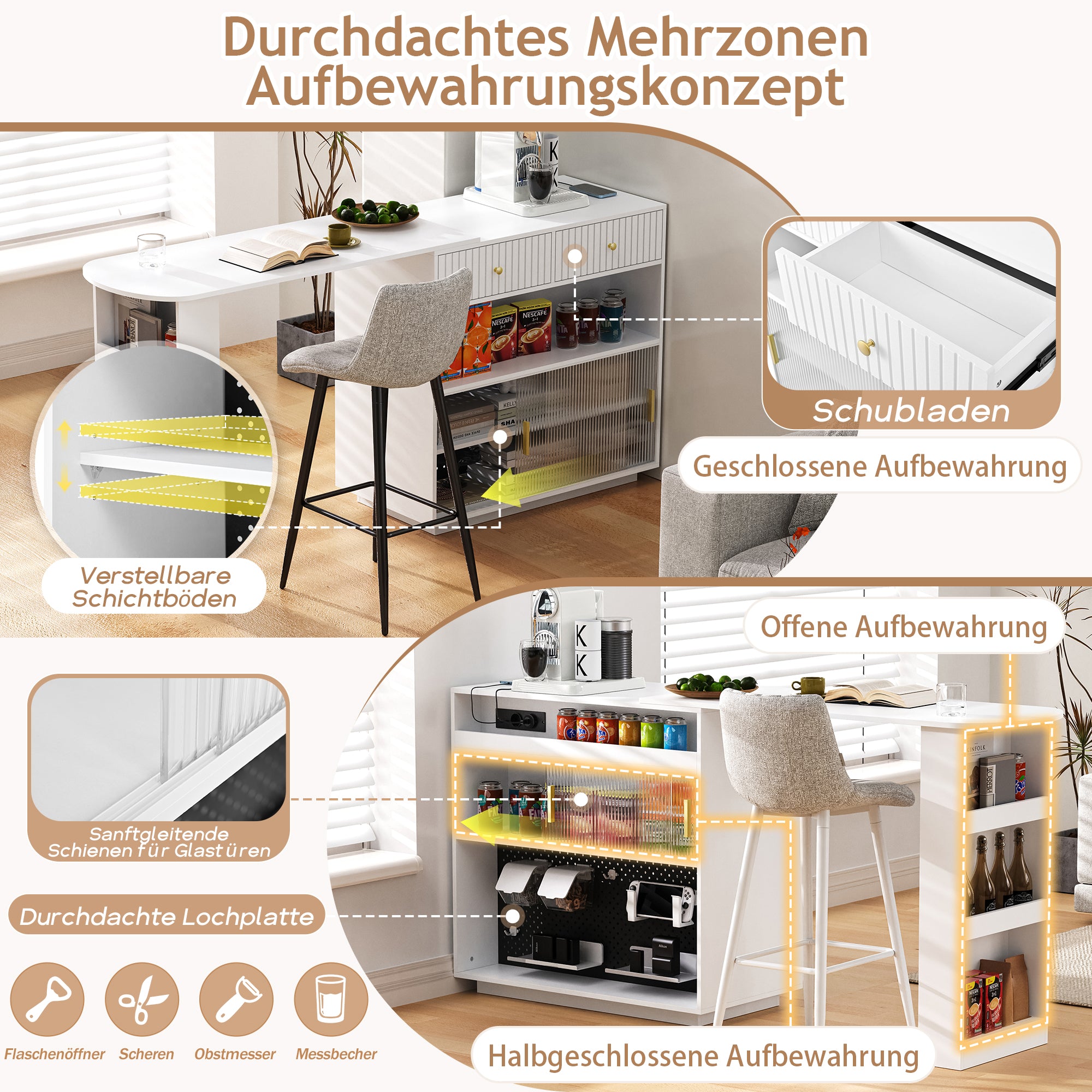 Bar Table Extendable 360° Rotating Sideboard LED Storage Sockets White