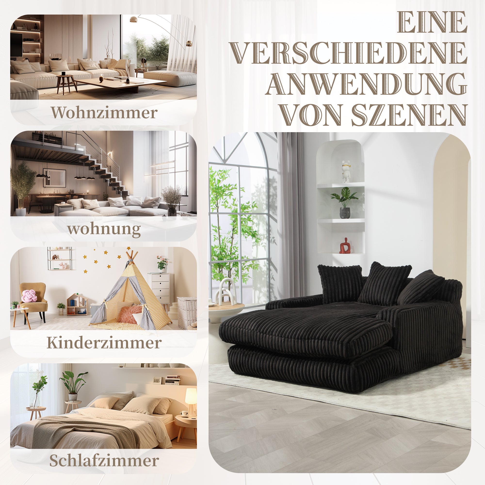 Sofa Bed, Cloud Couch with 3 Soft Pillows, Single Seat, Corduroy Black