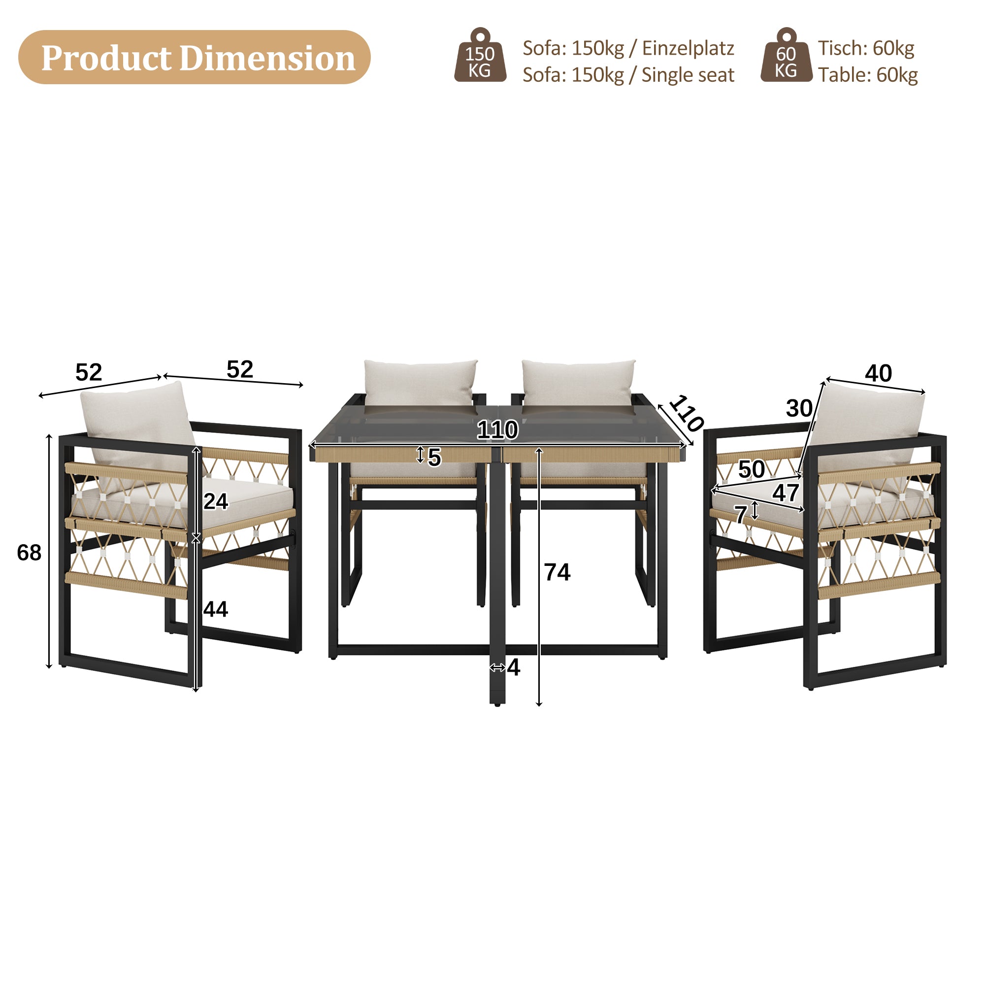 Handwoven Garden Sofa Set for 8 People with 2 Glass Tables and 8 Armchairs, Beige Iron