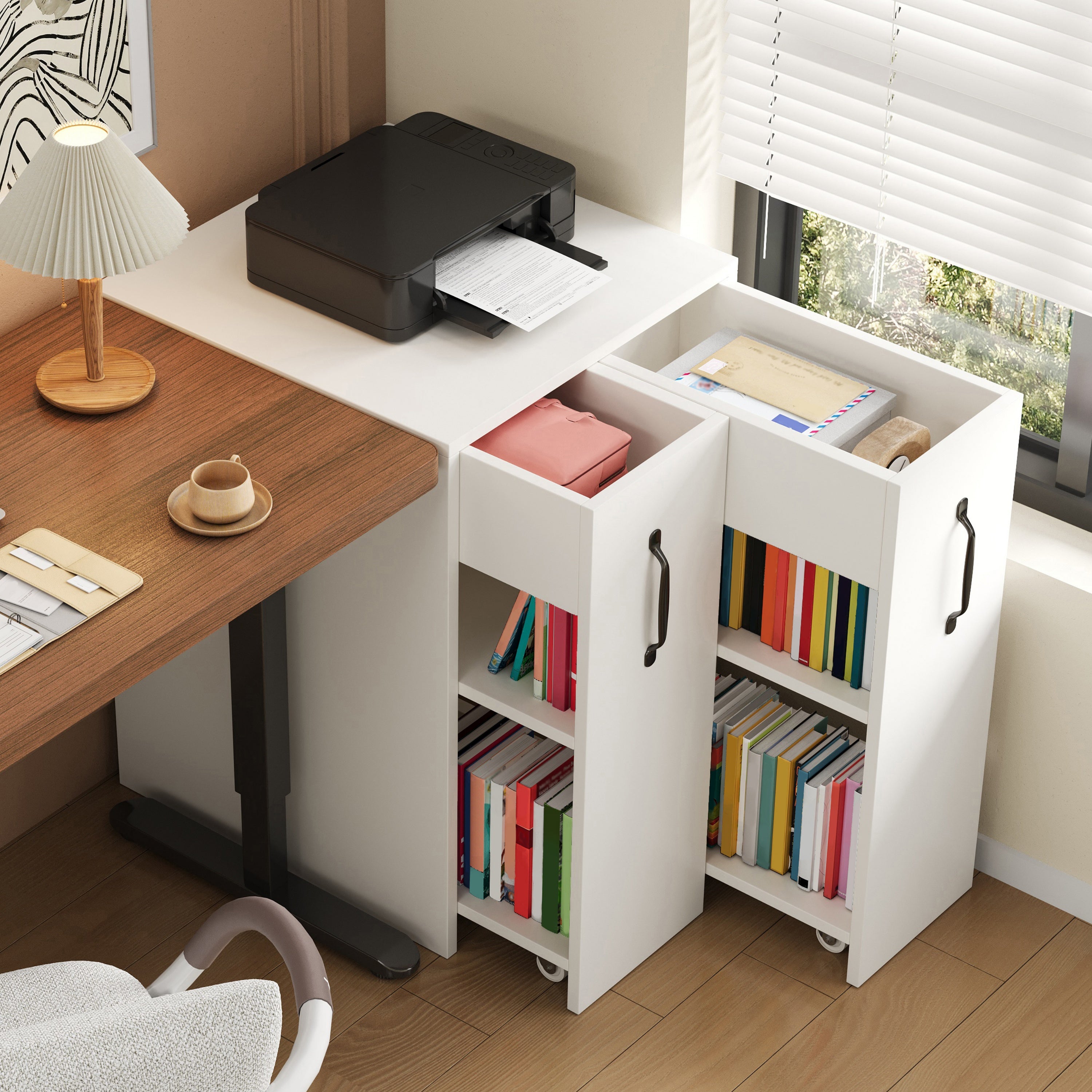 Small Bookcase with Wheels, Shelves, Drawers, and Reversible Configuration