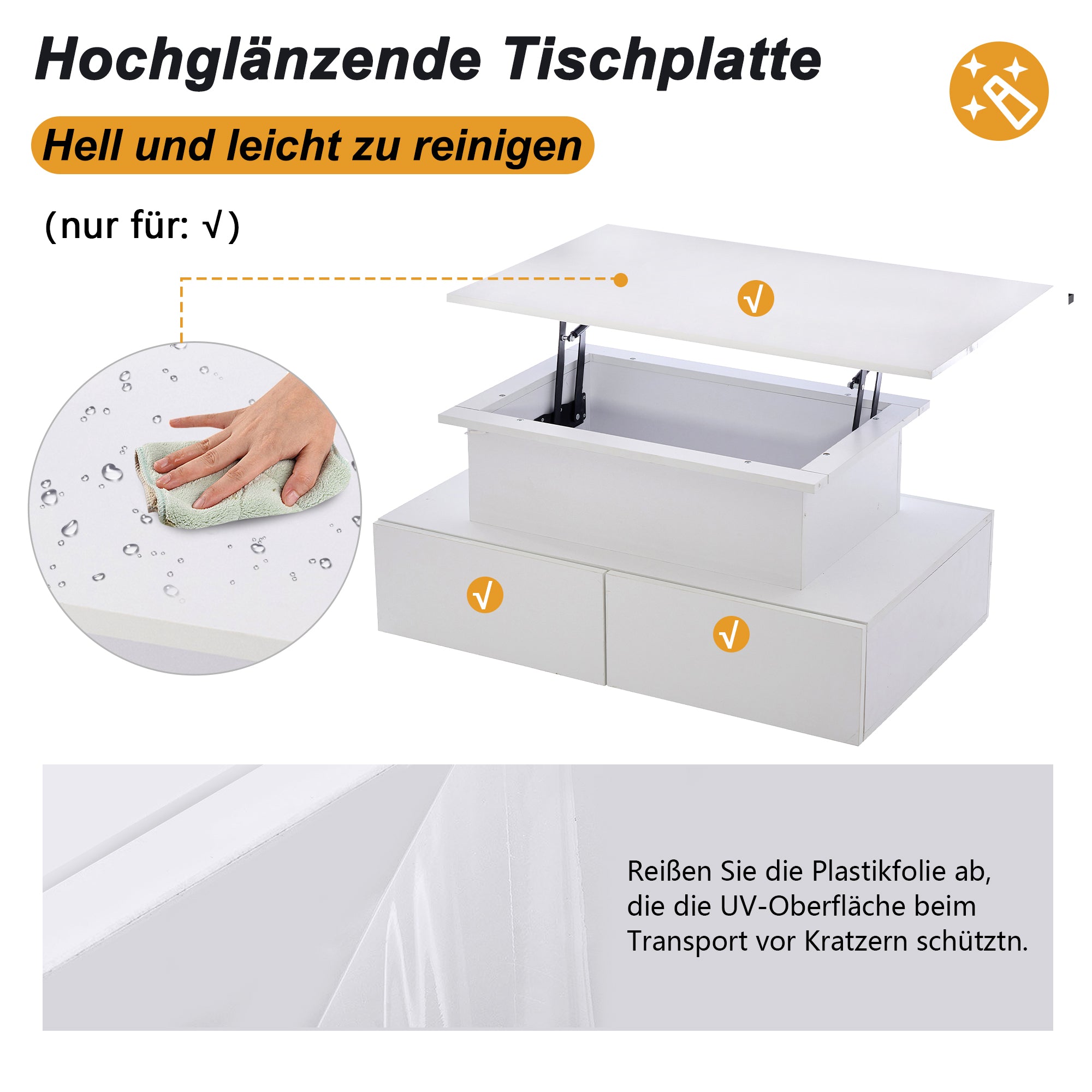 Coffee Table with LED Lighting and 4 Drawers, 90x55x41 cm, White High-Gloss