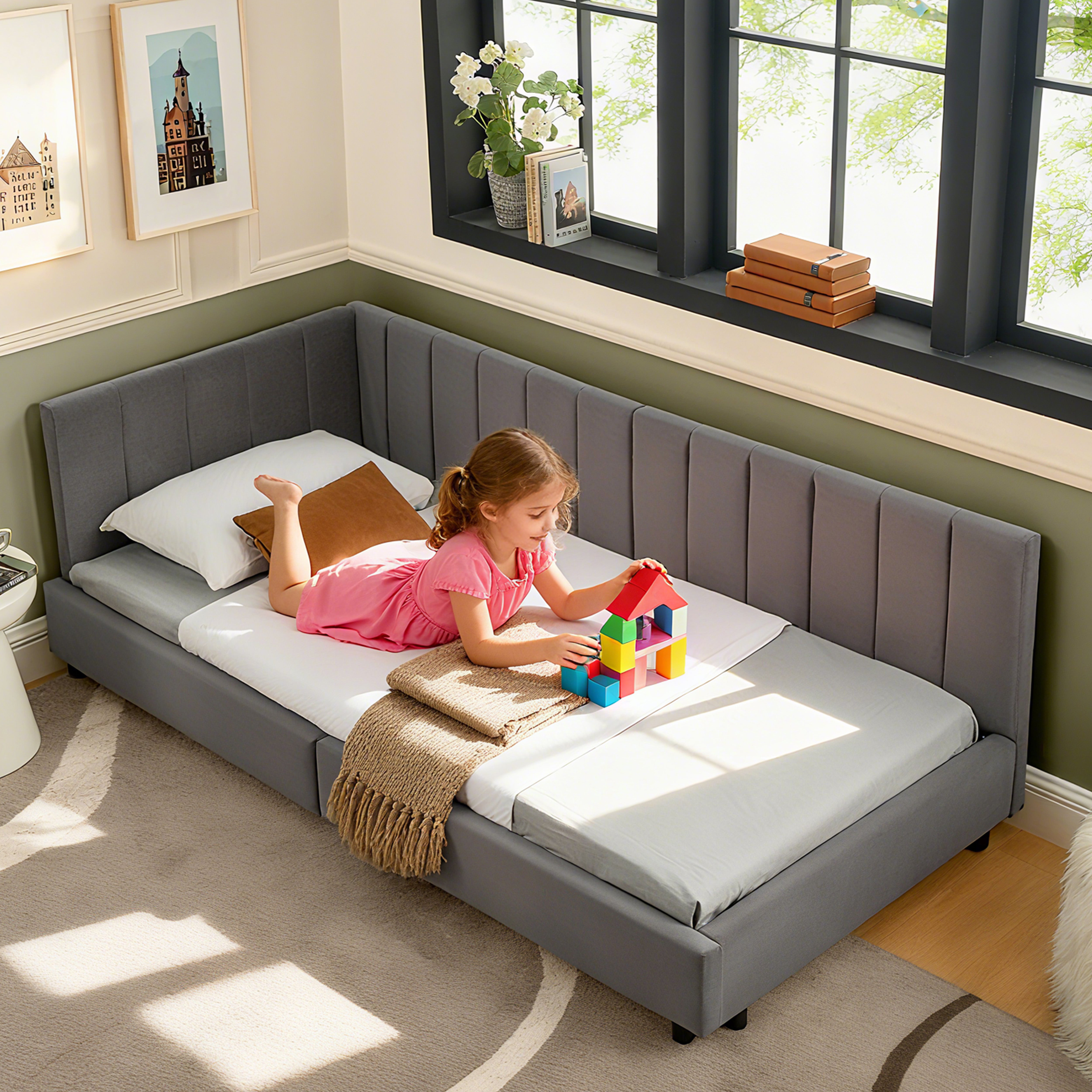 Single Bed 90x200cm High Backrest for Kids & Guest Rooms, Dark Grey Velvet