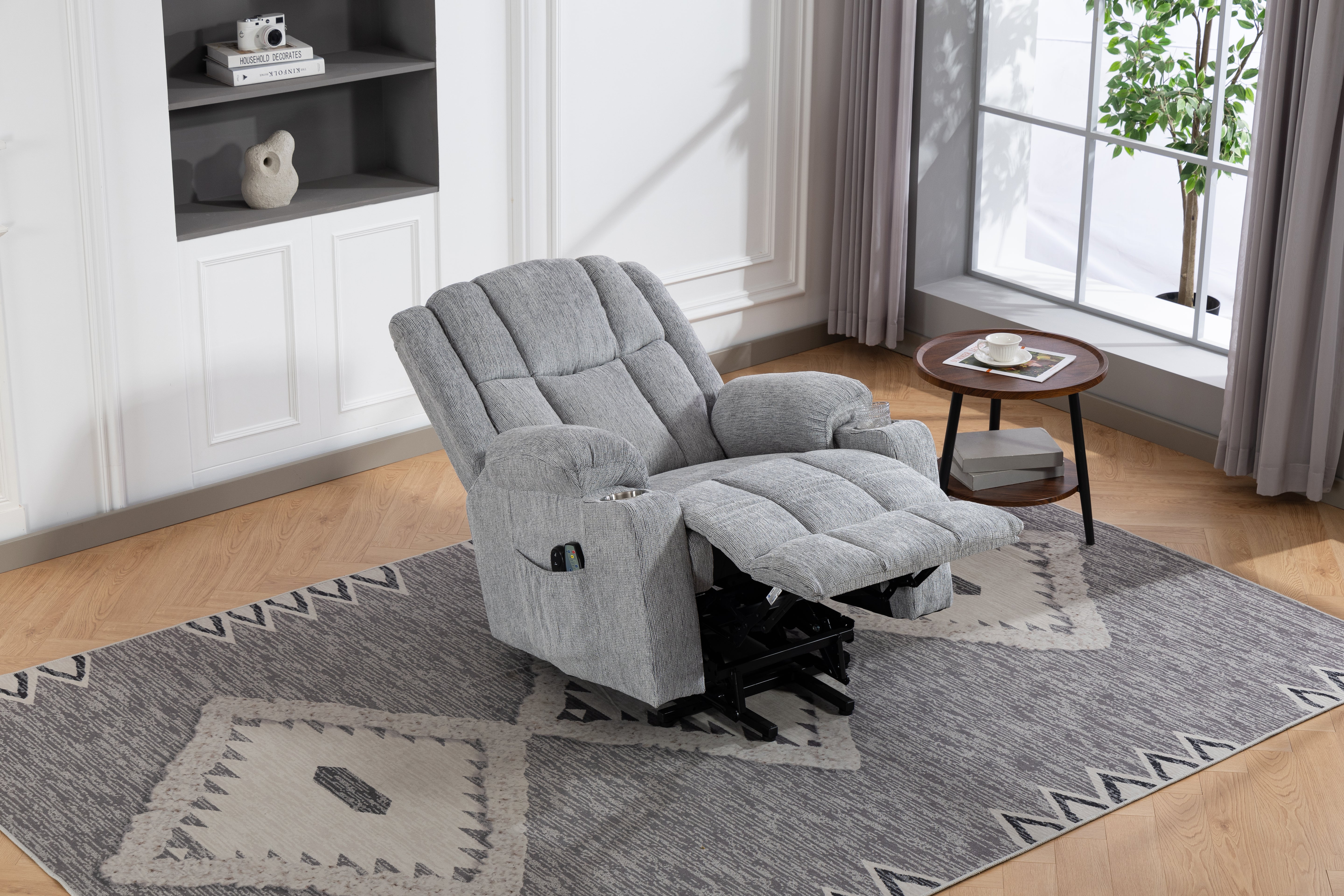 Electric Lift Recliner, Standing Aid, Massage Heat Function, Footrest Cup Holder Light Grey