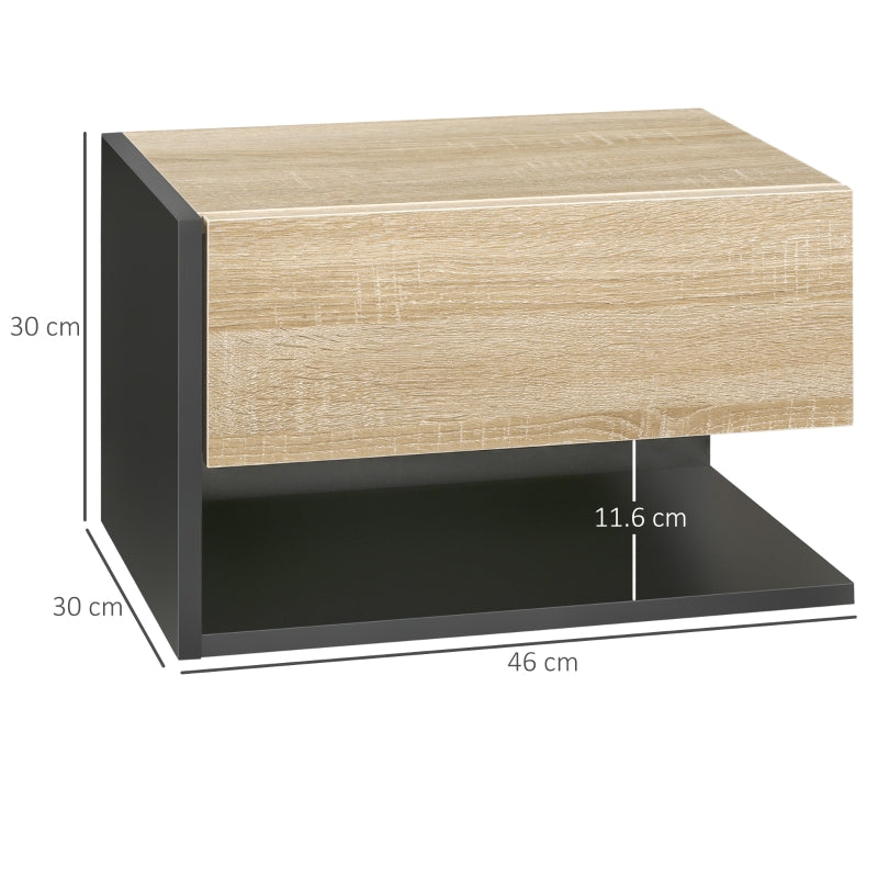 Floating Bedside Table Set of 2, Wall Mounted Cabinet with Drawer and Shelf, Oak Tone