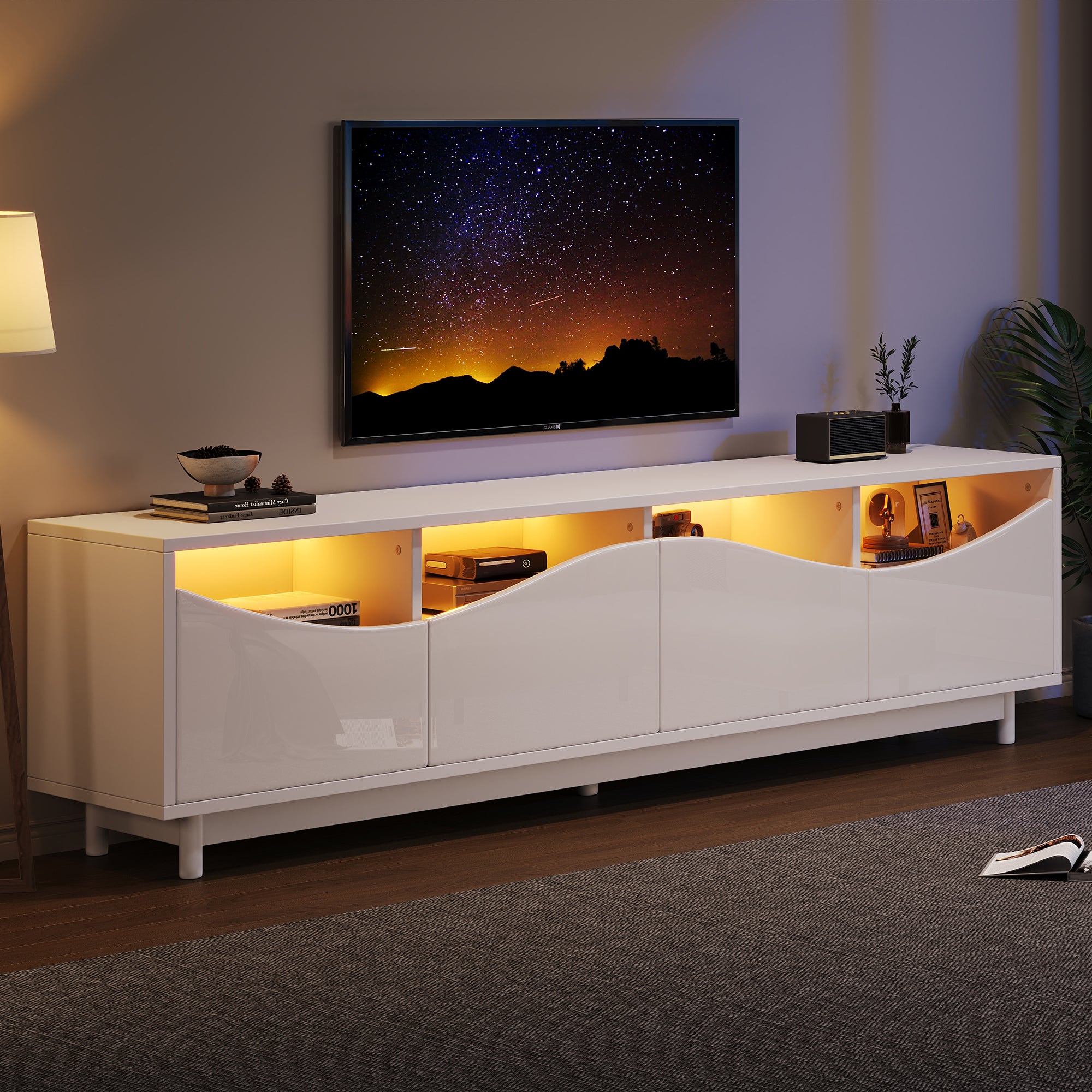 TV Cabinet, Curved High-Gloss with Tempered Glass Door & LED Lighting, White