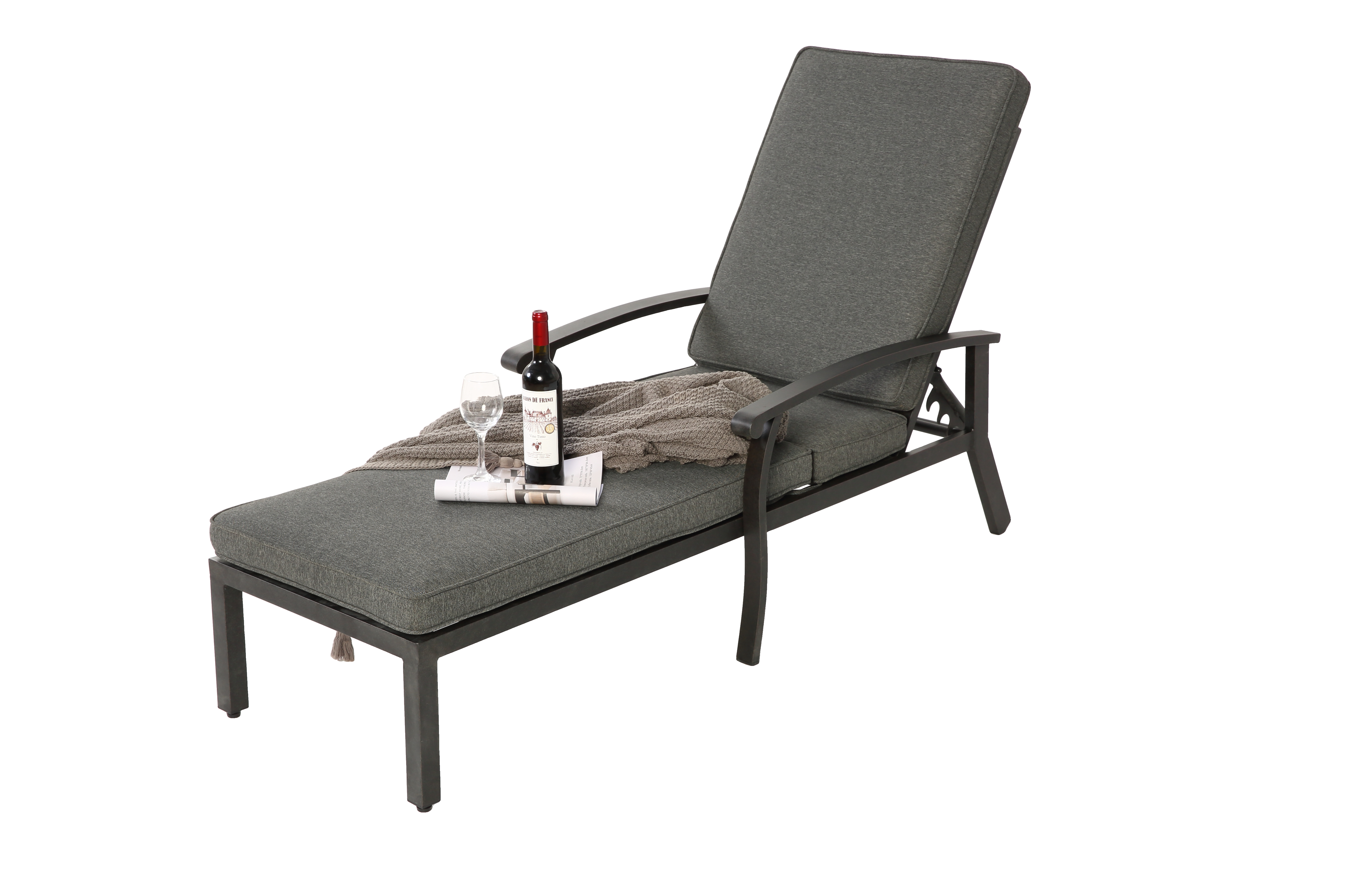Lounge Patio Chair, Adjustable Reclining Rustproof Aluminum, Gray Cushion