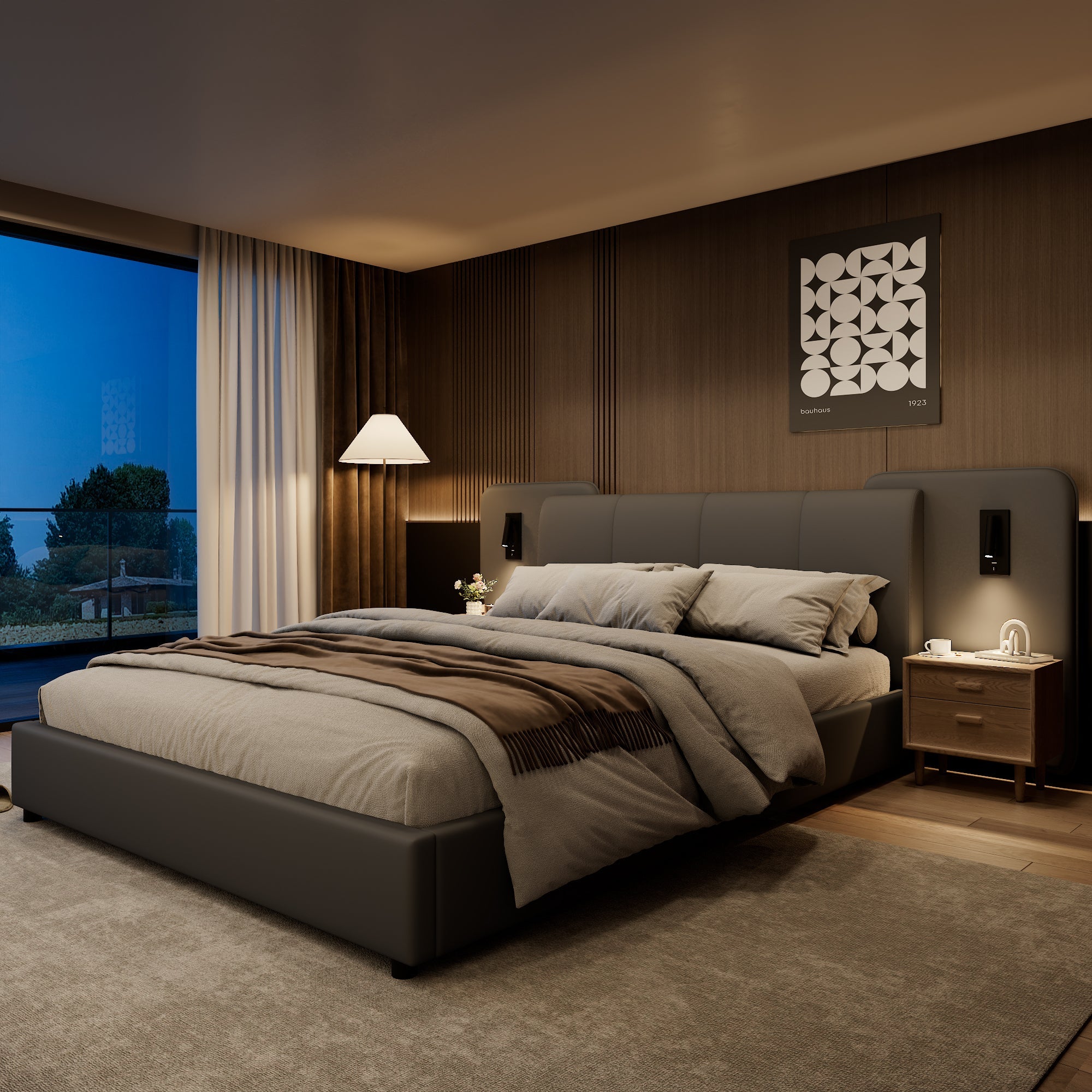 Upholstered Bed with Charging Port and Lighting, 4ft6 Double, Soft Sponge Headboard, Anti-collision Filling, Grey PU + Plywood