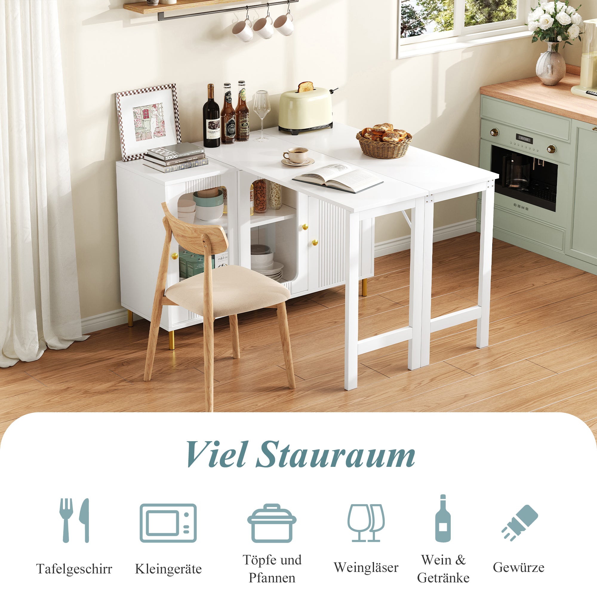 Buffet Sideboard Folding Extendable Top Rotating Glass Wave Doors - White