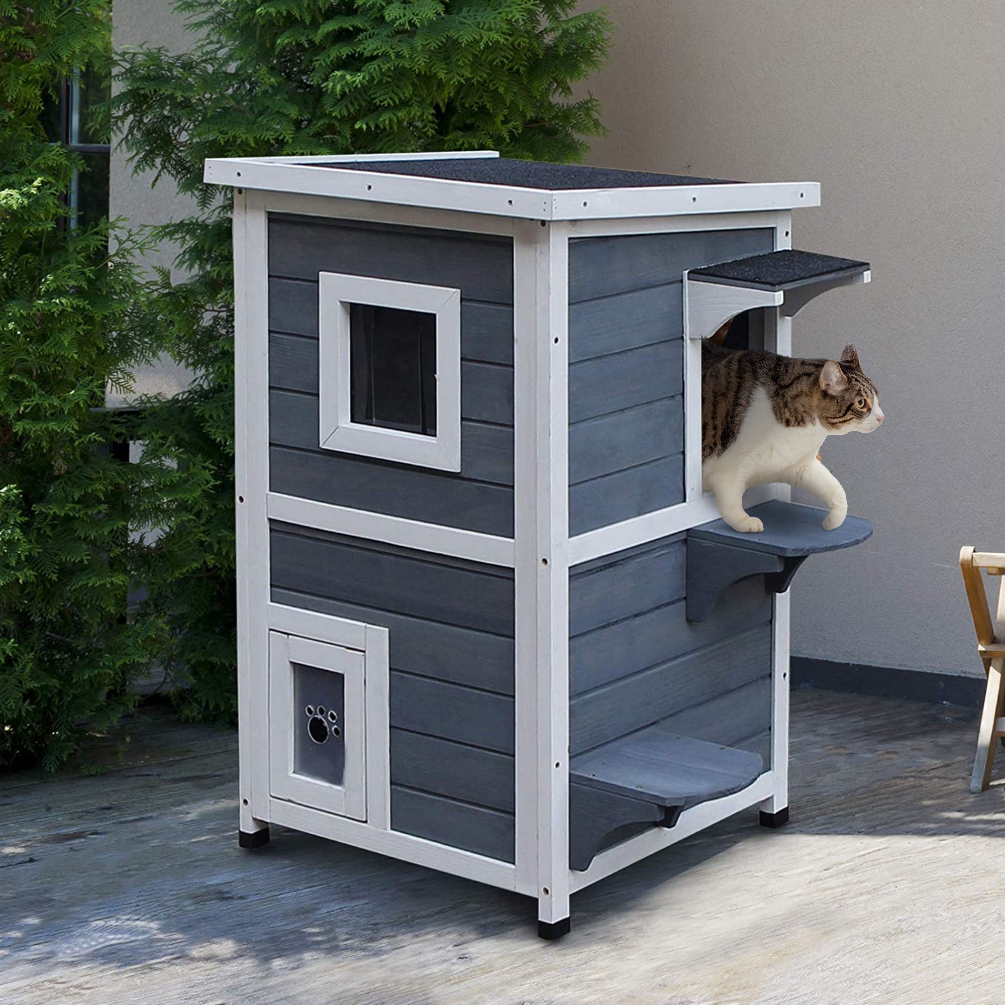 Cat House 2-Level Villa with Stairs, Grey Fir Wood