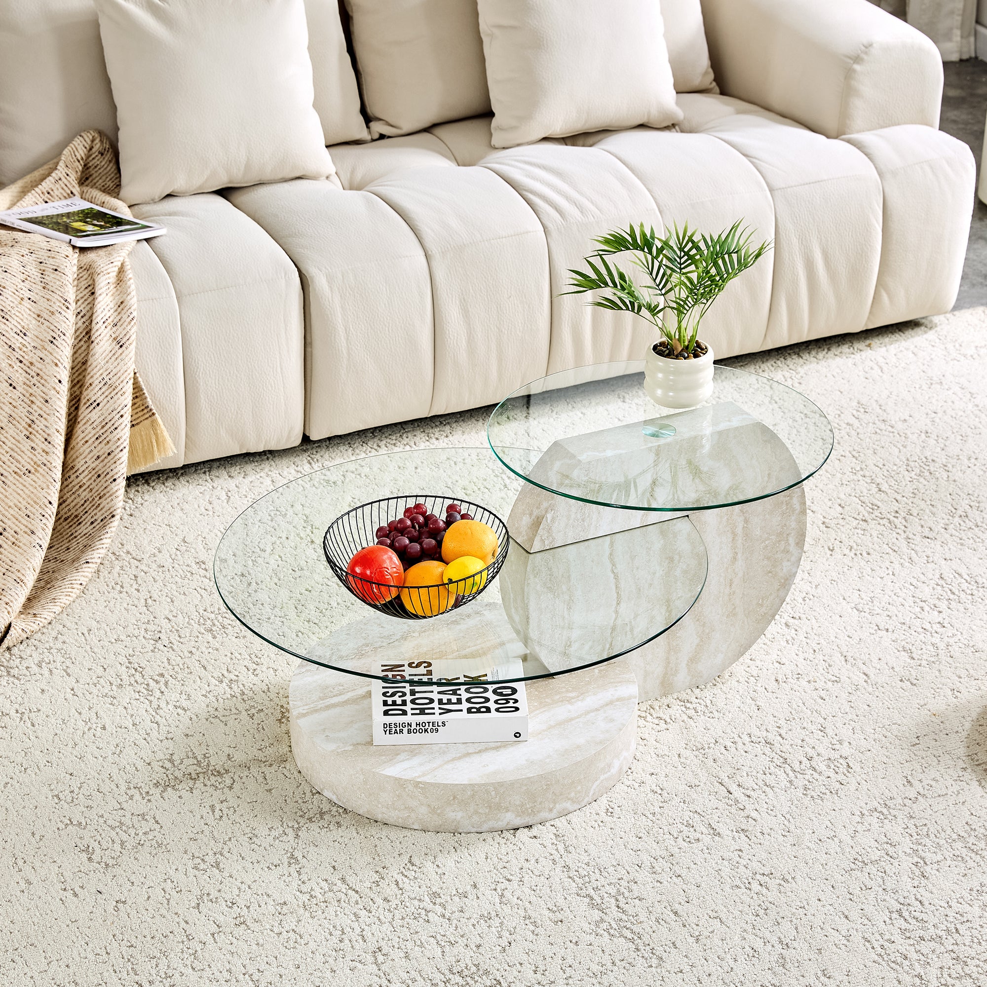 Modern Minimalist Coffee Table, Double-Layered Safety Glass and Multi-Tiered Design, Walnut Wood Grain Finish