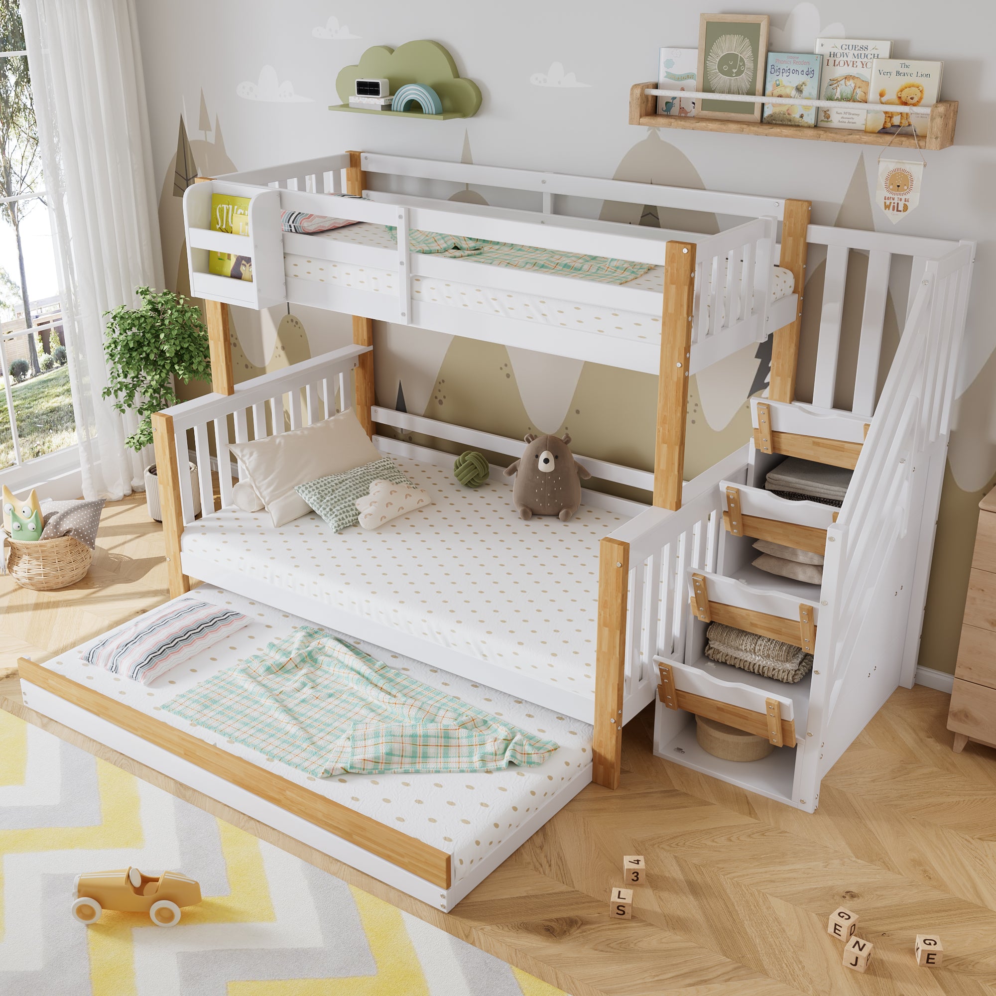 Bunk Bed, Trundle & Corner Stairs, Pine + MDF, White + Natural