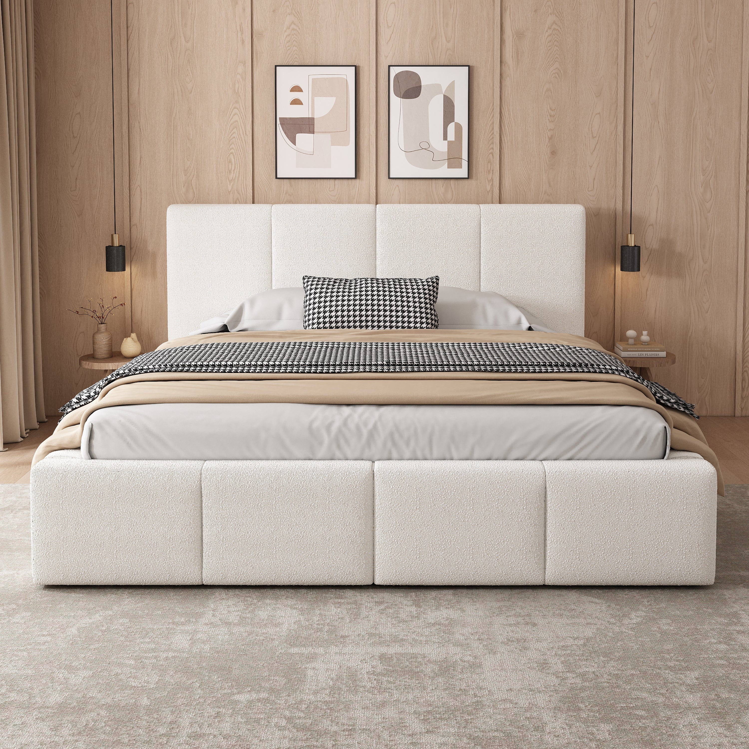 Upholstered Double Bed, 180x200cm Slatted Base Headboard, Beige Bouclé