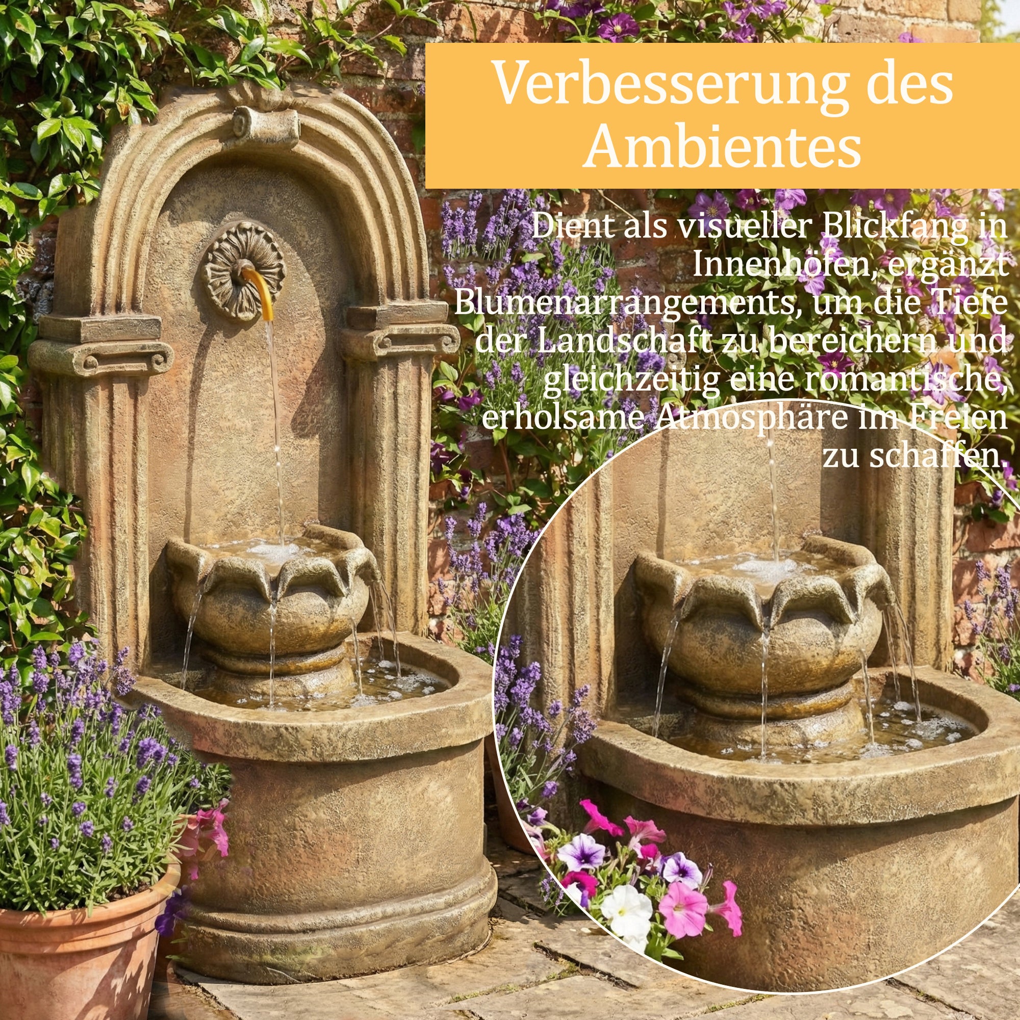 Garden Fountain with 230V Waterfall and Arched Design, Antique Style Metal