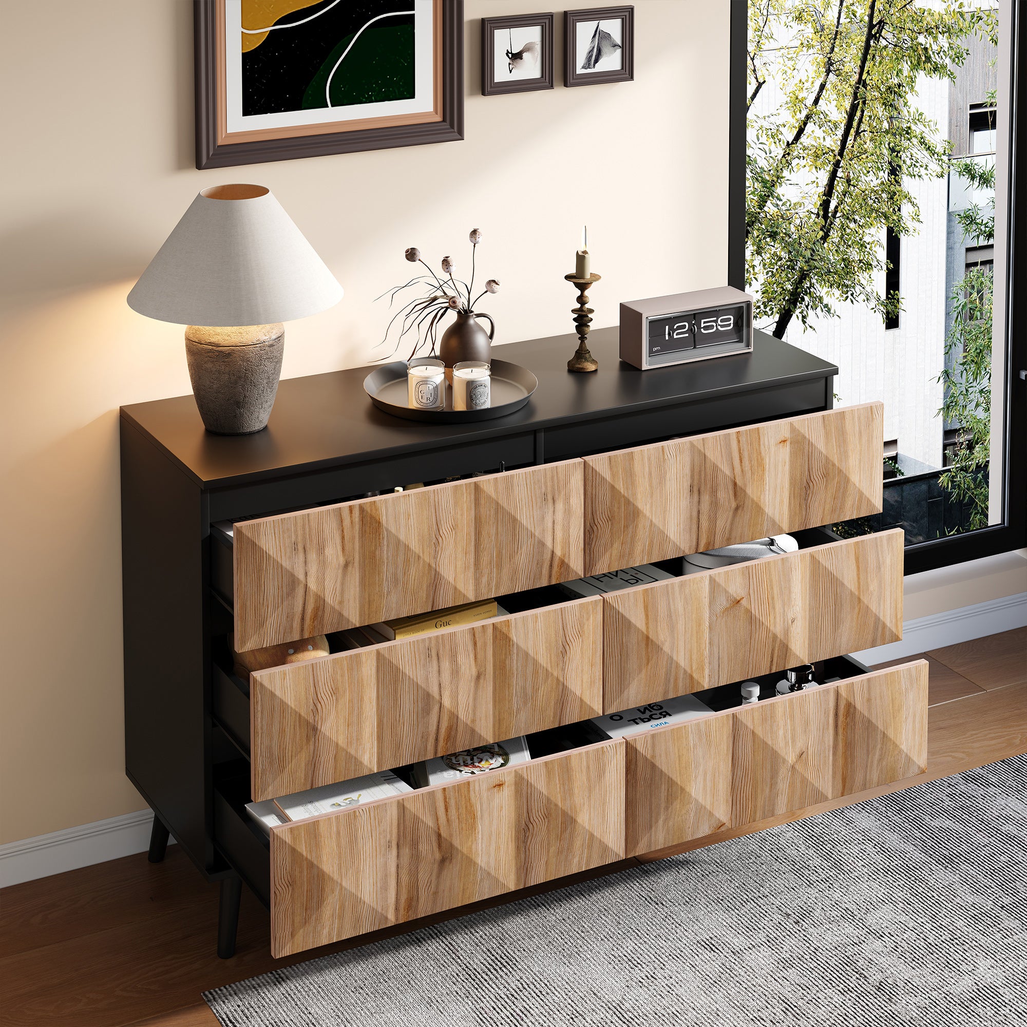 Sideboard and Chest of Drawers, Raised Doors, Black and Natural Wood