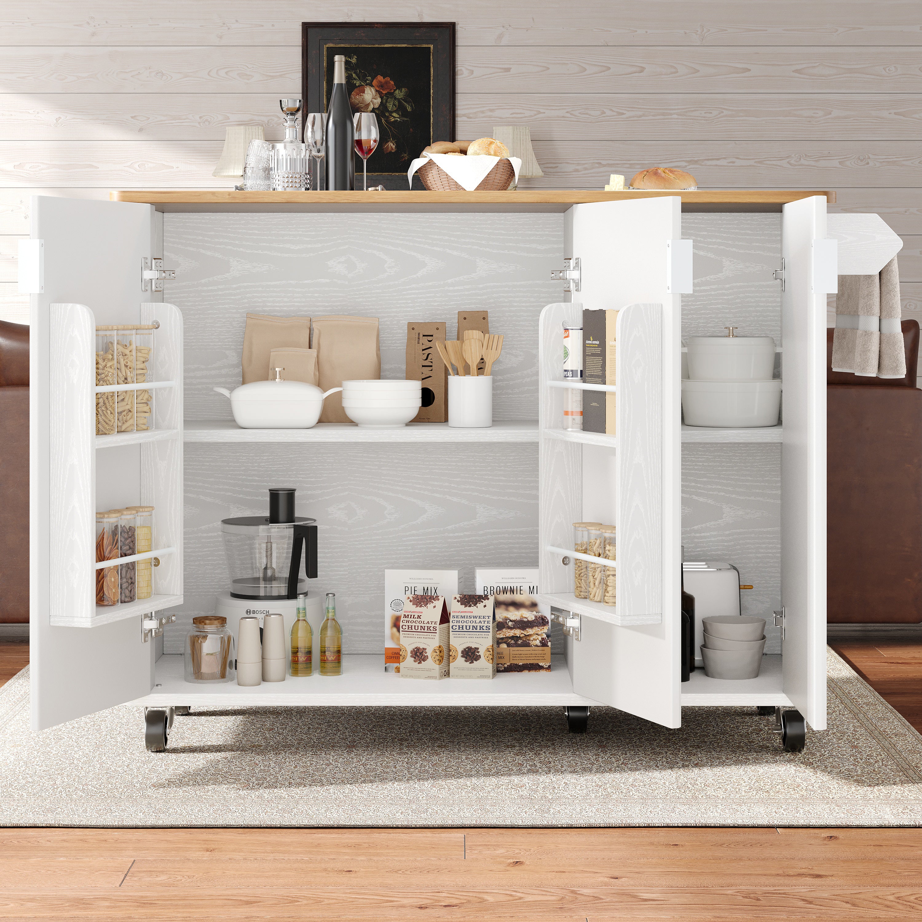 Kitchen Island Trolley Extendable on Wheels Buffet Storage Adjustable Dividers 3 Doors White/Black