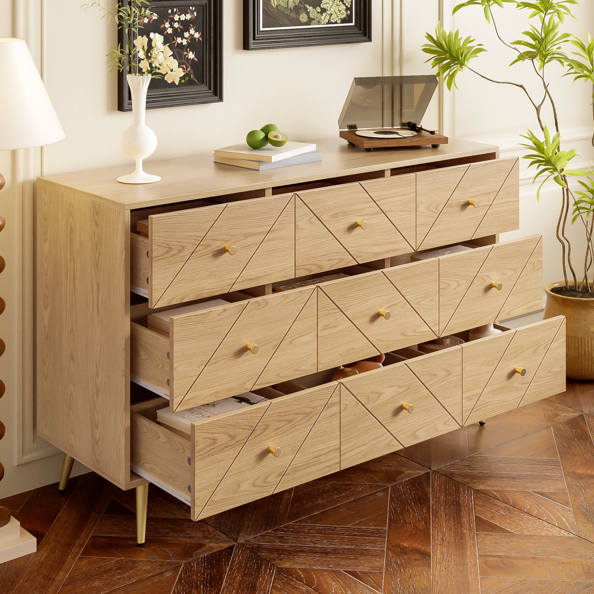 Modern 9-Drawer Chest, Iron Legs Geometric Pattern, PB Construction