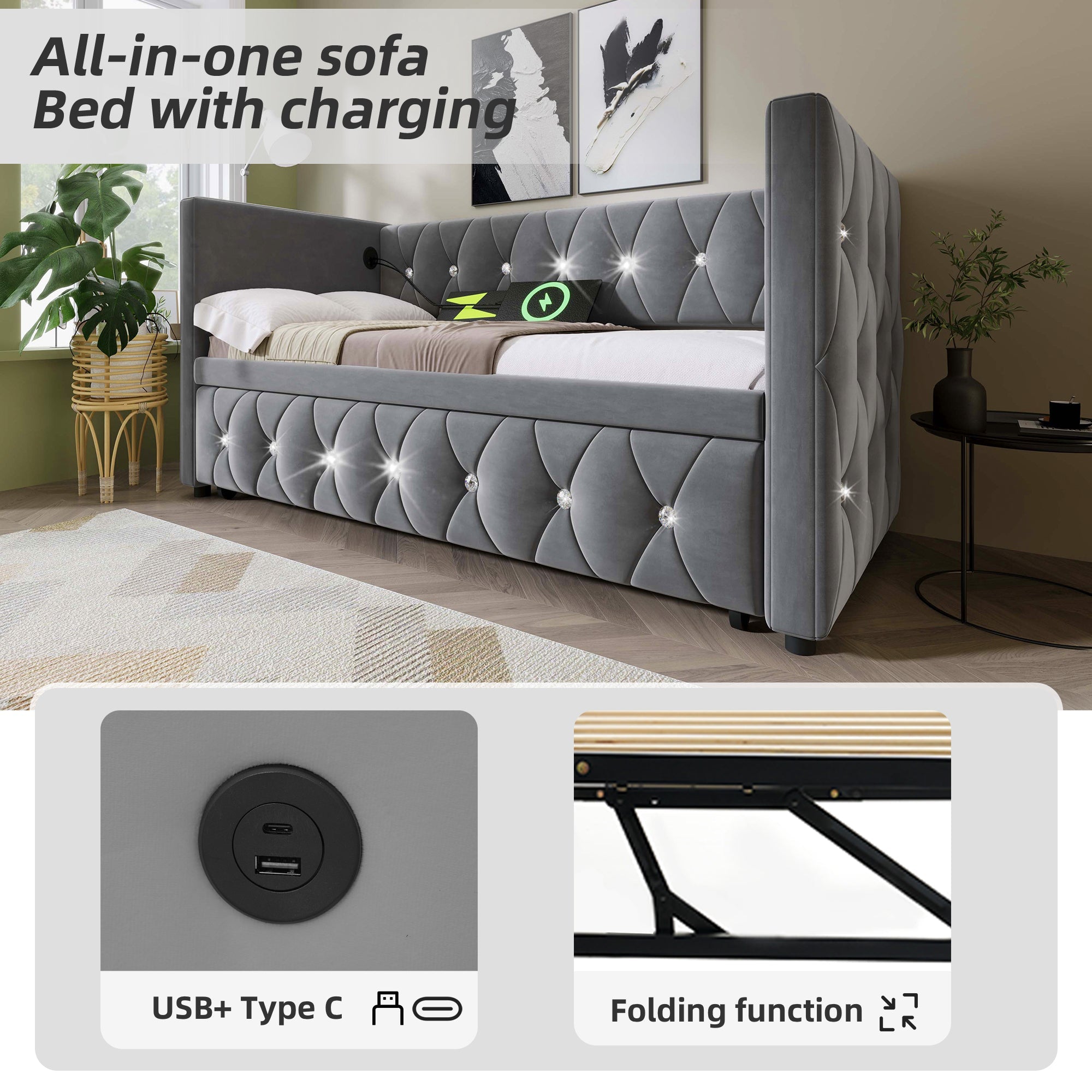 Daybed Single Upholstered Sofa Bed with USB & Type C Charging Station, 3FT 90 x 190 cm with Pull Out Trundle, Velvet Grey