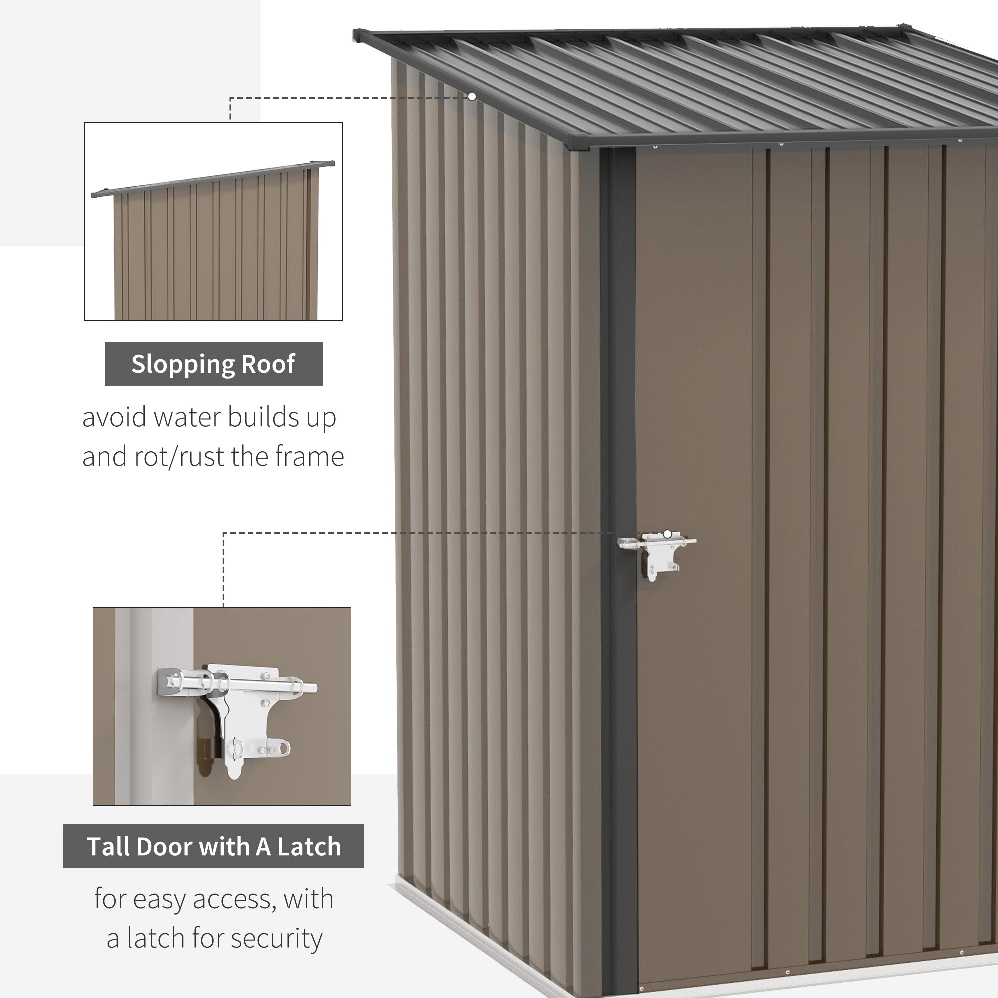 steel tool shed with pent roof and lockable garden cabinet, brown