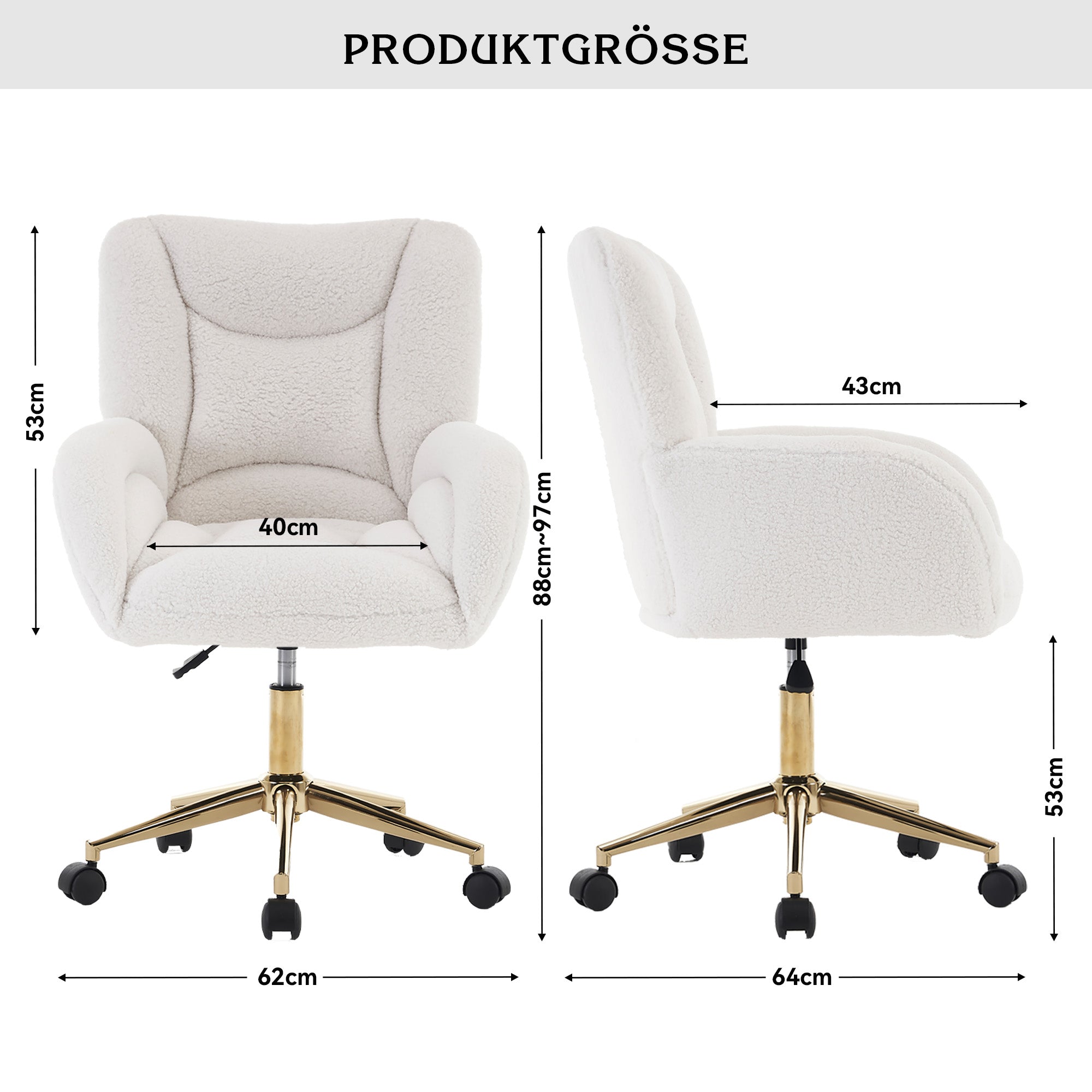 Swivel Chair Height-Adjustable Gold Legs - White Teddy Fabric