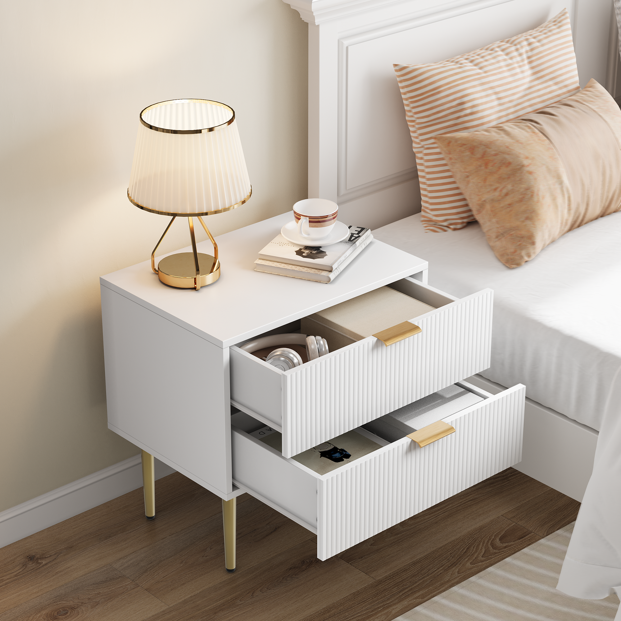 Bedside Table, Wave Pattern, 2 Drawers, Modern, White with Metal Legs