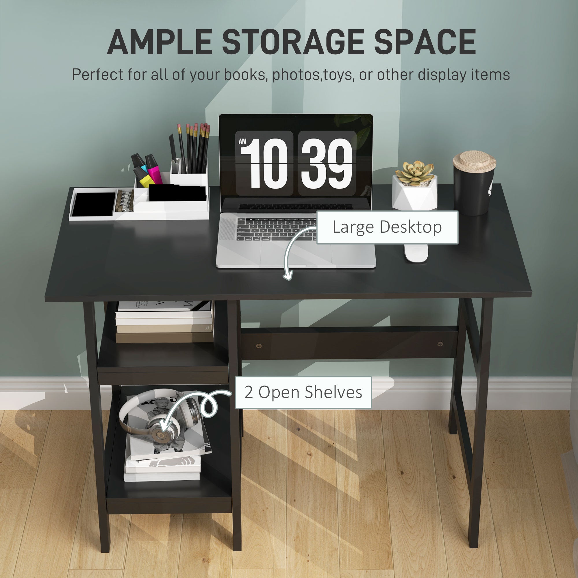 Compact Computer Desk with Storage Shelves and Bookshelf, Black