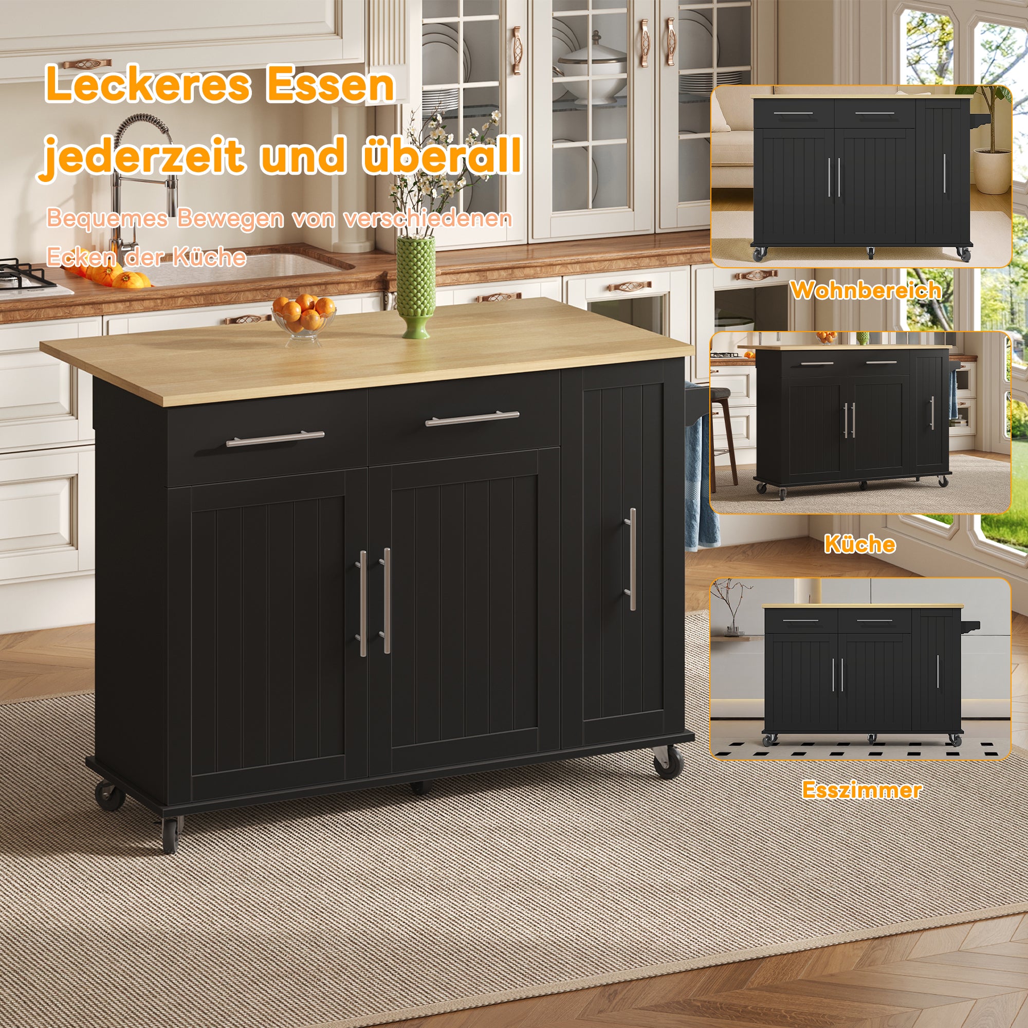 Kitchen Island Drop Leaf Rolling Cart 3-Tier Pull-Out 2 Drawers - Black