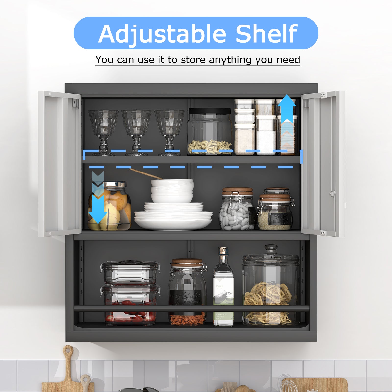 Storage Cabinet with 2 Doors and Adjustable Shelves, Black Metal