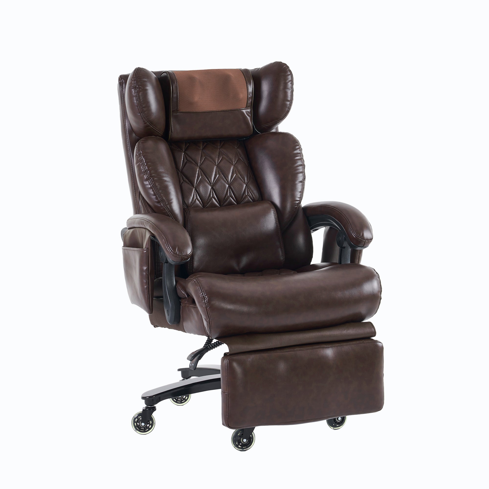 XXL Ergonomic Office Chair with Massage and Heating Function, Footrest and Adjustable Backrest, Brown PU Leather