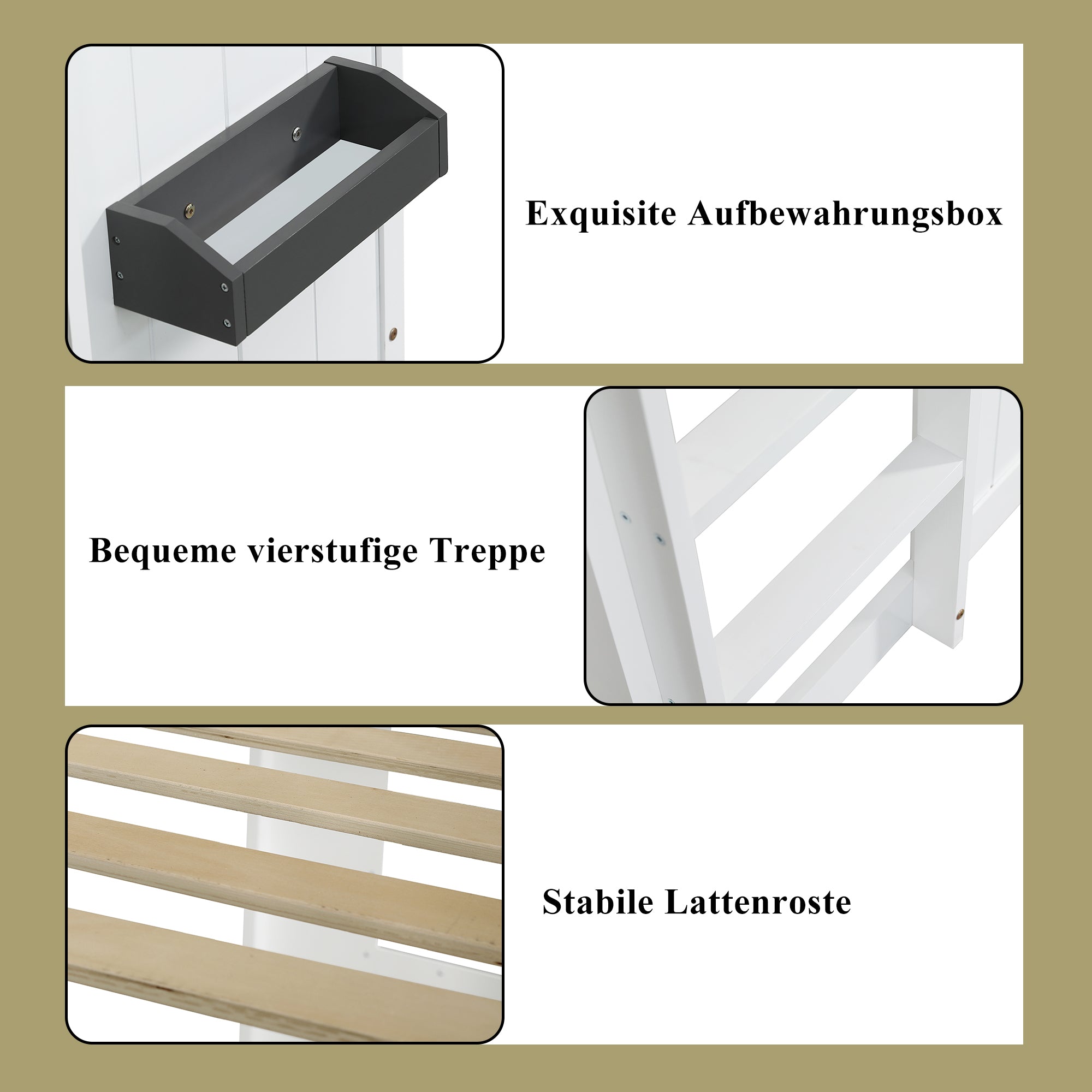 House Bunk Bed 90x200cm, Stairs Railing Window Storage, Pine+MDF White