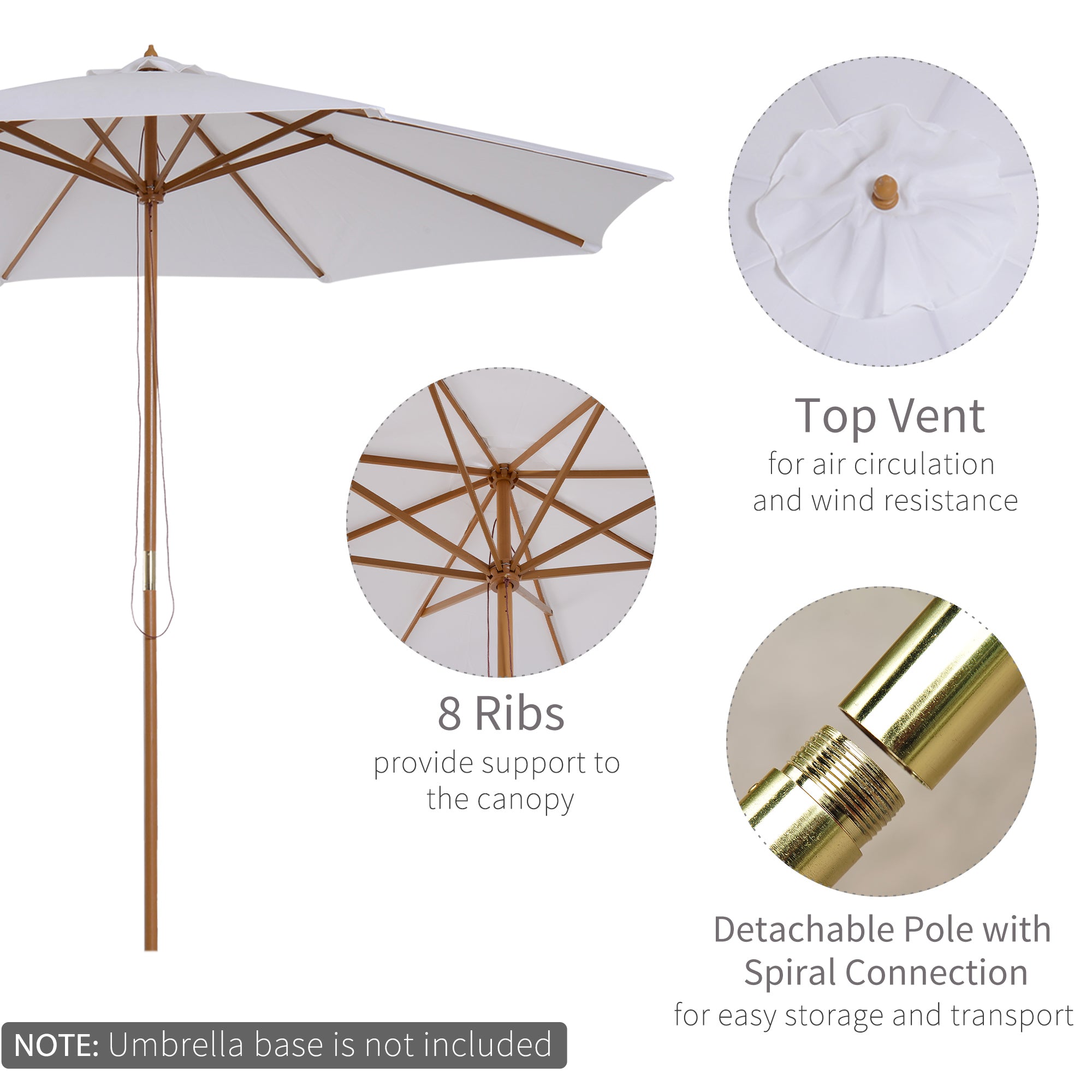 3m Garden Parasol Pulley Operated Market Umbrella Wooden Cream White