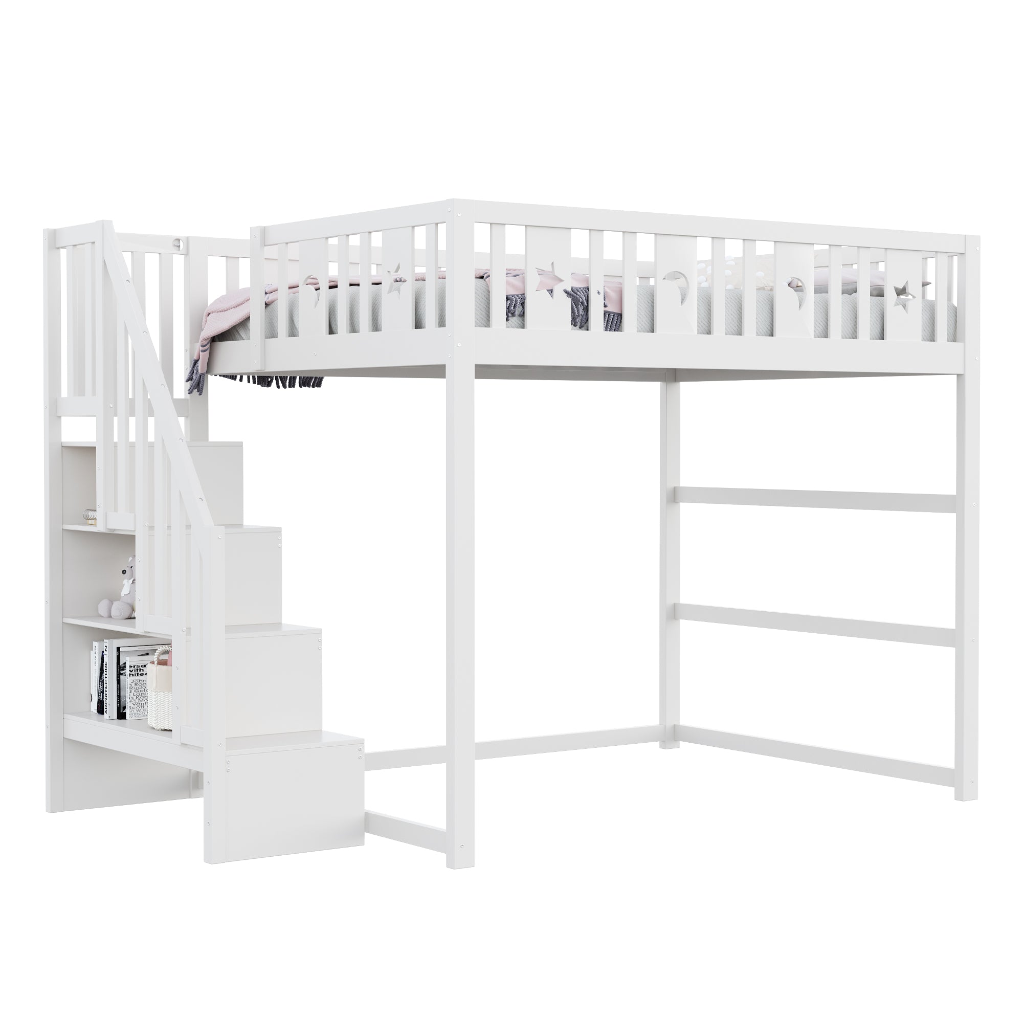 Children's Bunk Bed 140x200 Stairs Safety Railing, Solid Wood White