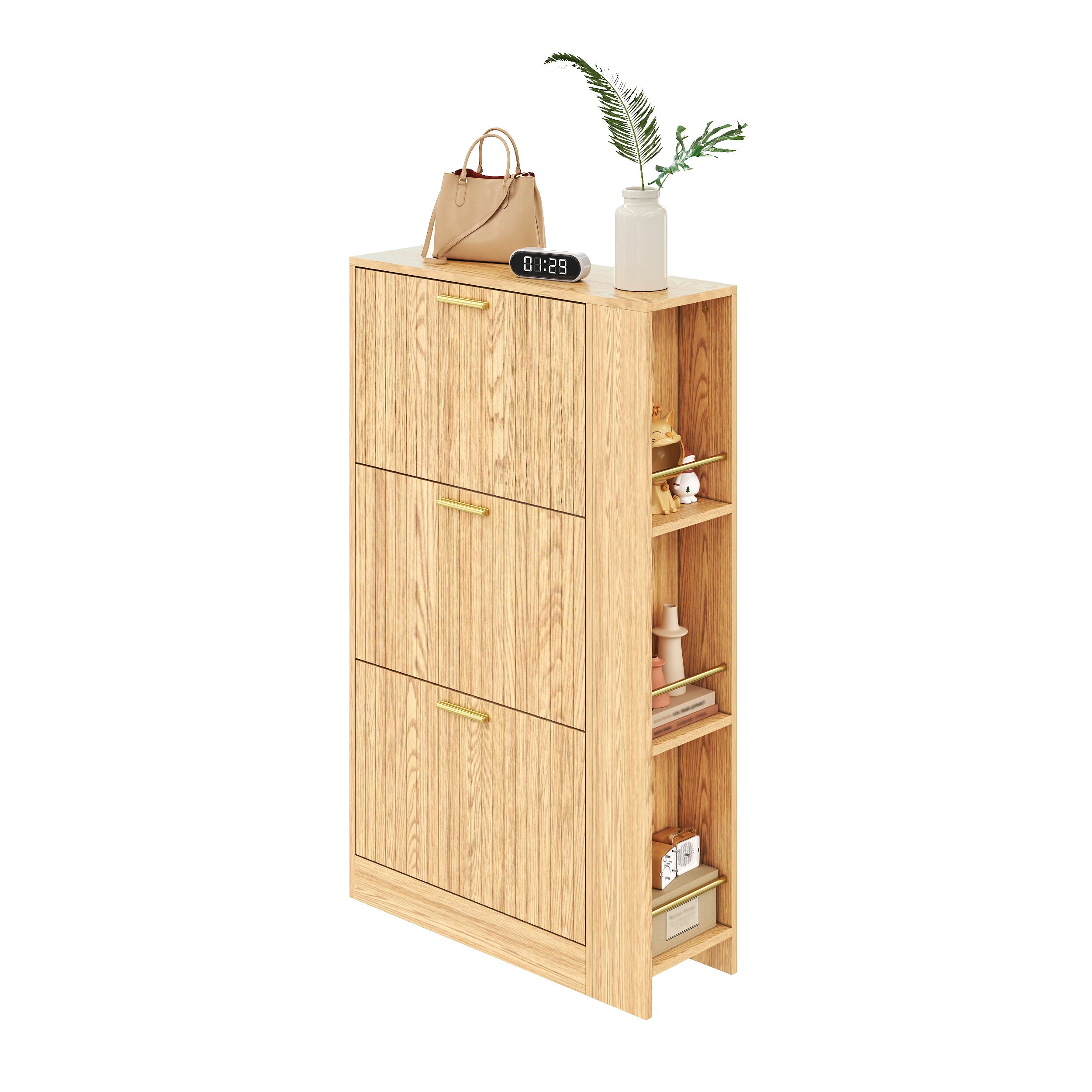 Shoe Cabinet, Three-Door, Large Capacity with Open Shelves, Natural Wood