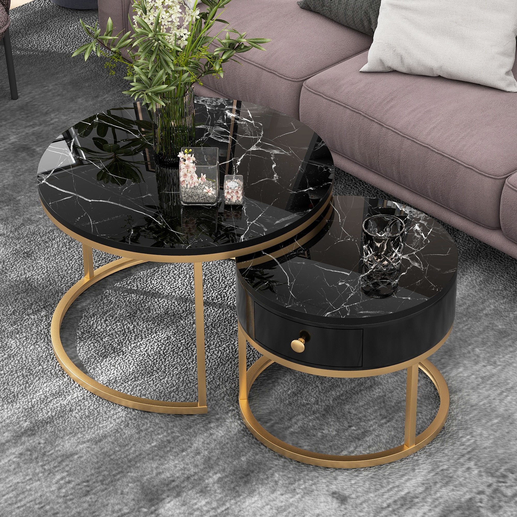 Modern Nesting Coffee Table, Set of 2 Round Side Tables with High Gloss Marble Pattern, Black MDF