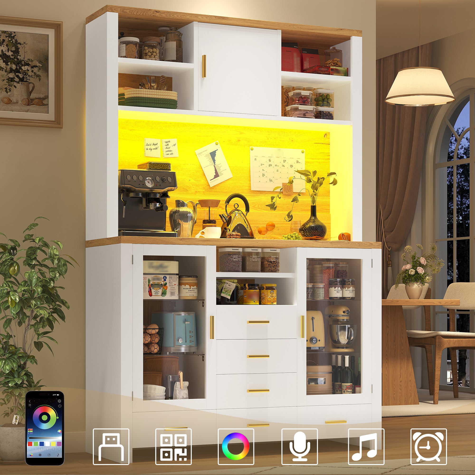 Buffet Sideboard Cabinet with LED Light Strip and Storage Drawers, 120x40x188cm, White and Wood Look