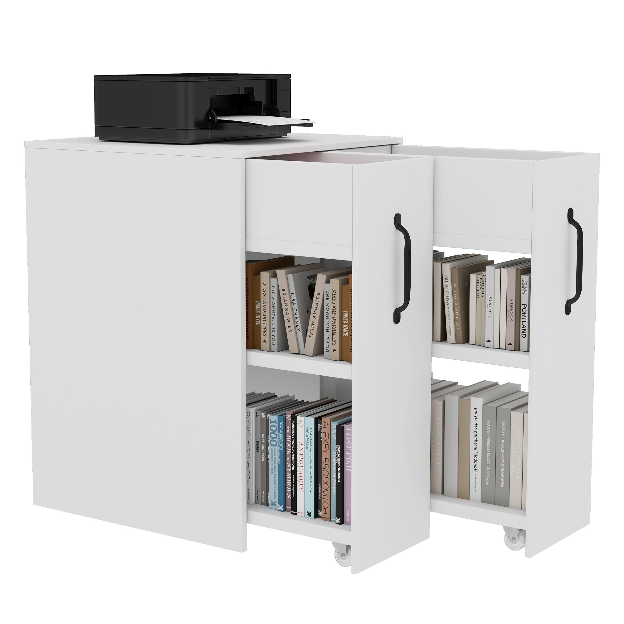 Small Bookcase with Wheels Extendable Reversible Shelves & Drawers
