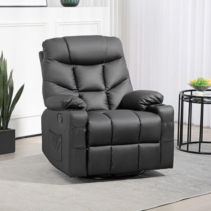 Manual Reclining Chair Swivel Armchair Footrest Cup Holders, Faux Leather Black