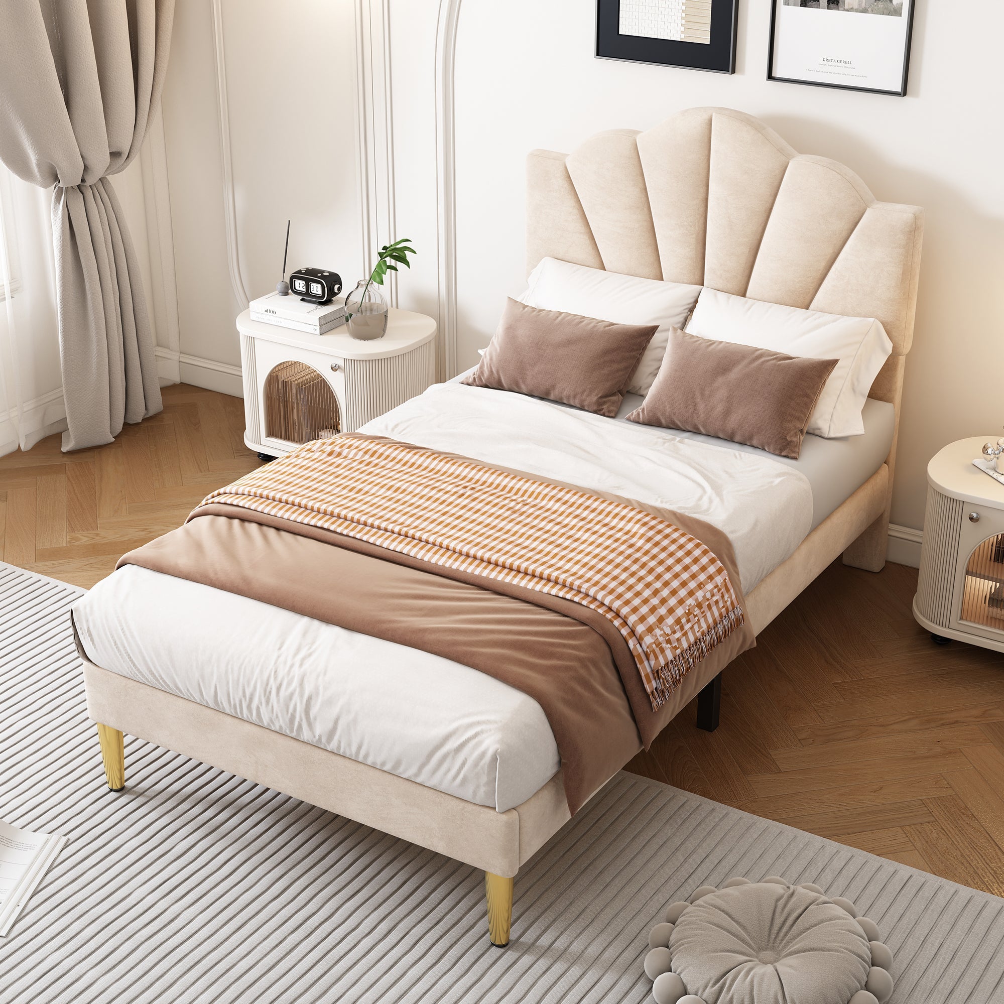 Velvet Upholstered Bed, Single Bed-3ft(90*190cm) with Shell-like Design, Golden Iron Legs, Height-Adjustable Headboard, Wooden Slatted Frame, Beige