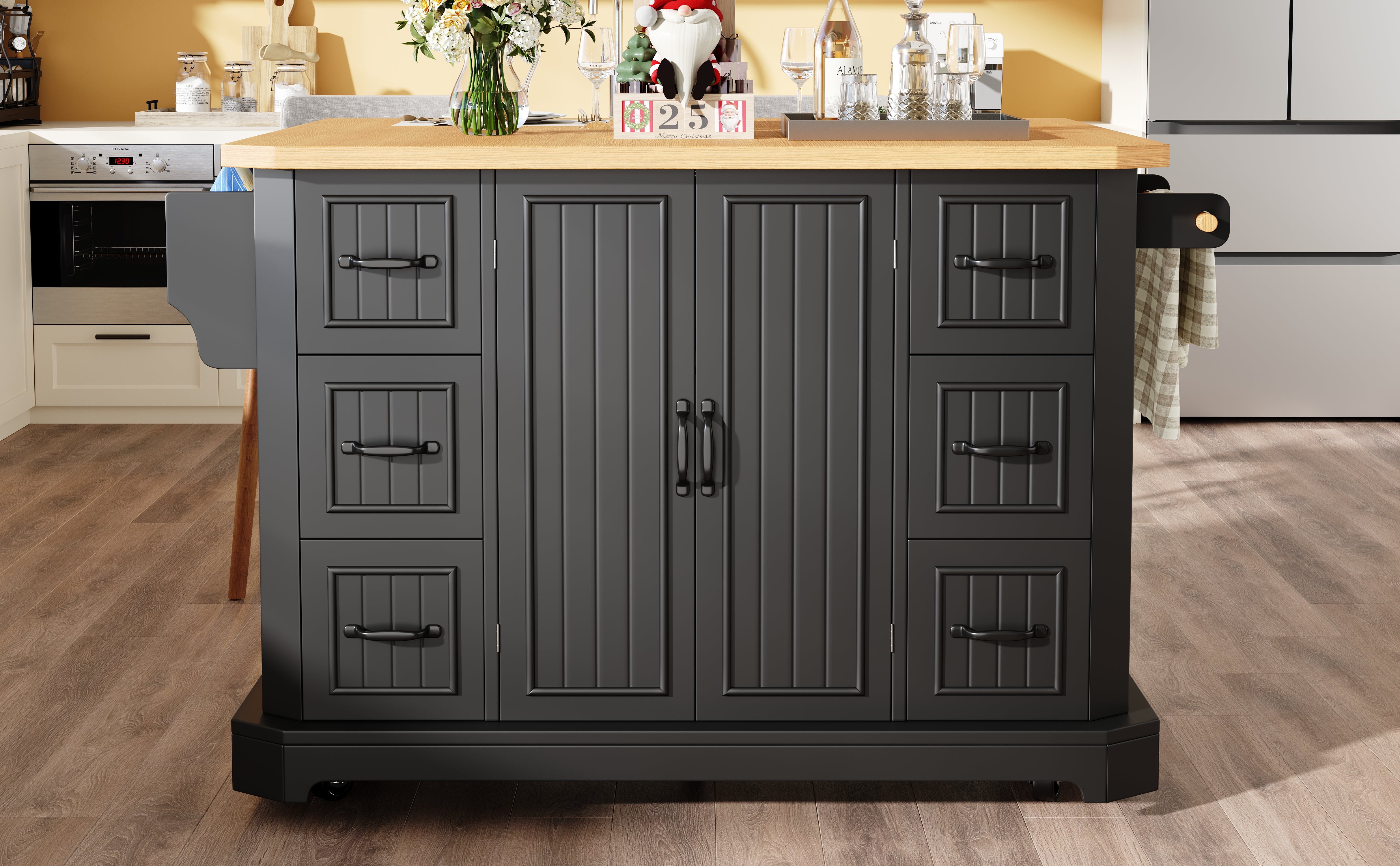 Mobile Kitchen Island with 2 Doors and 6 Drawers, White and Black