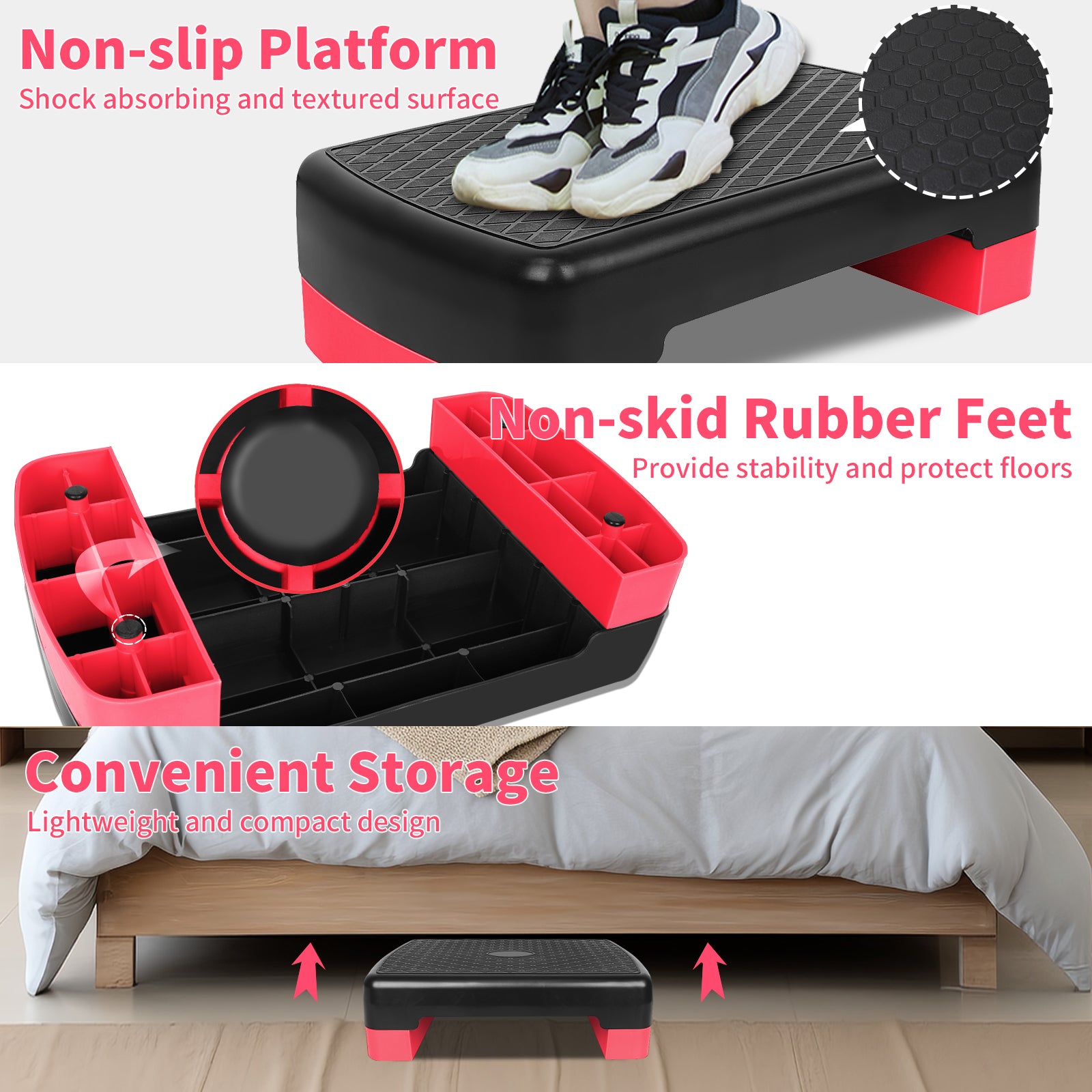 Fitness Step Platform Aerobic Stepper, 45.72cm Height Adjustable 10.16-15.24cm, Red