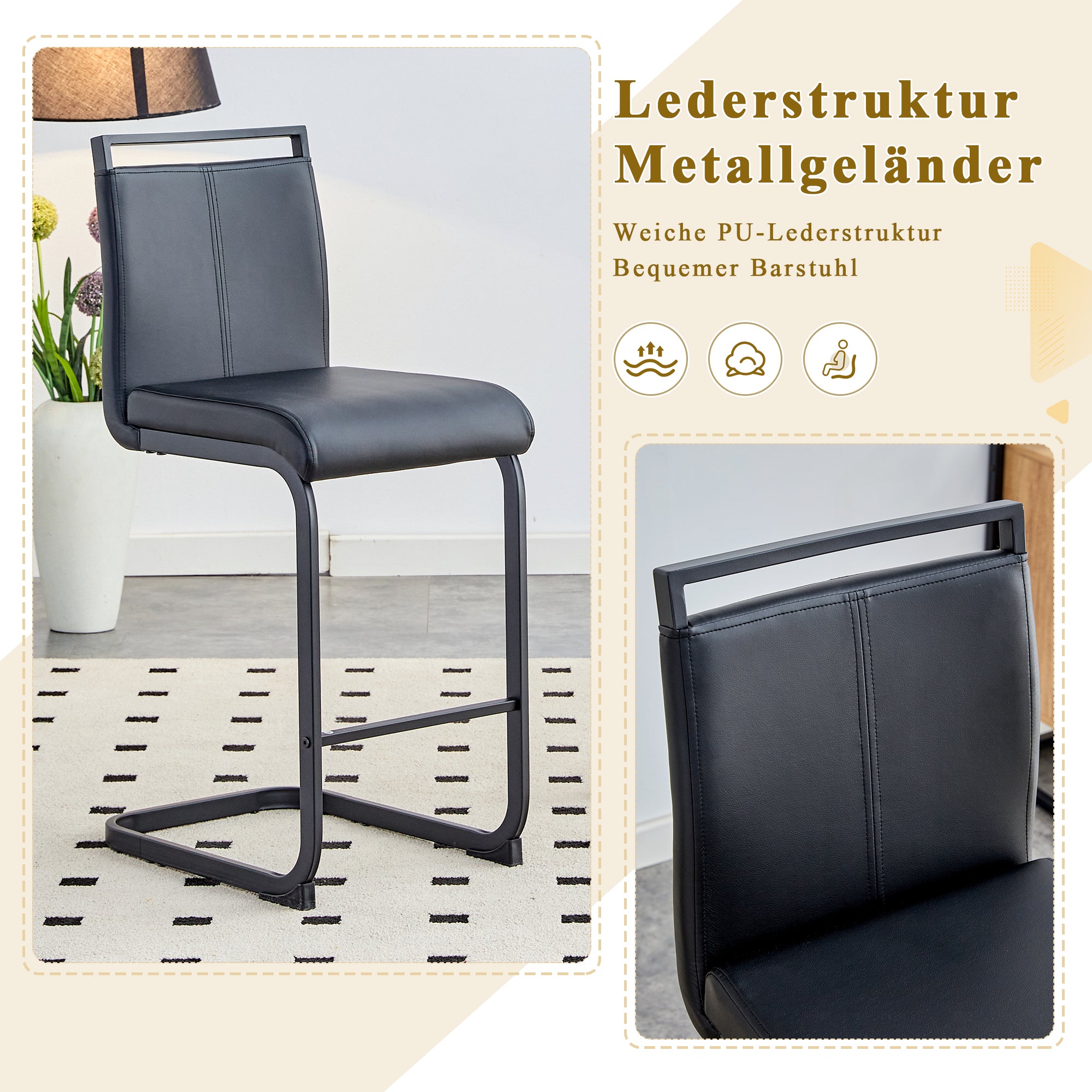 Nordic-Style Bar Stools, Set of 2, 96.5 cm Height, Black Faux Leather