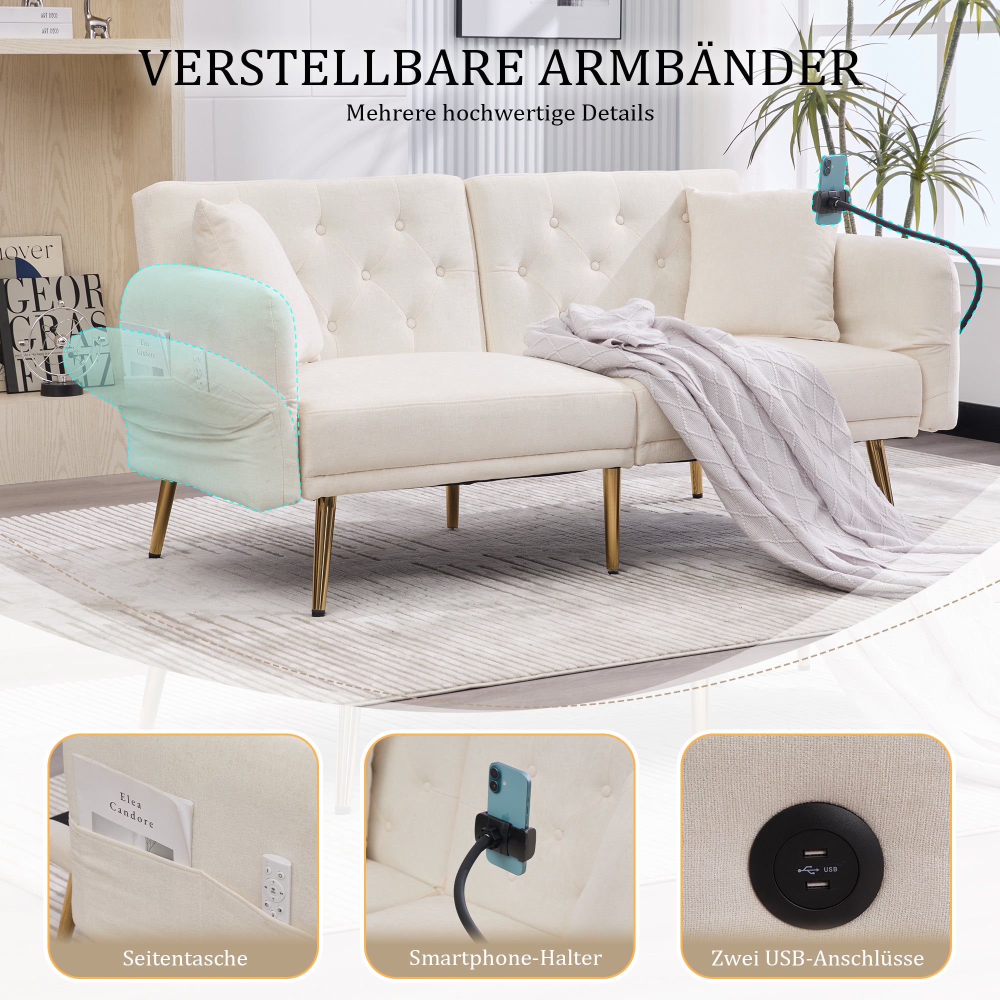 Sofa Bed, Multifunctional Adjustable Backrest USB Ports Phone Holder Metal Legs, Metal