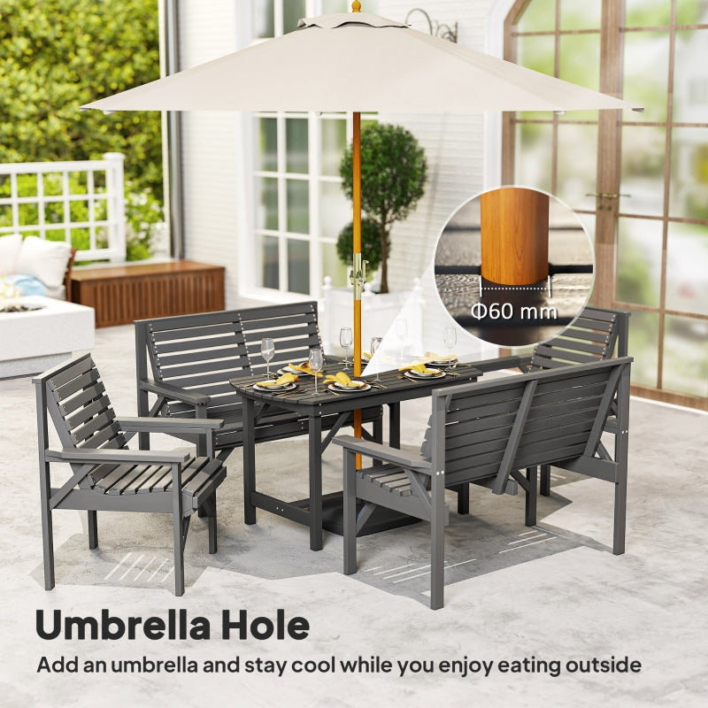 5 Piece Wooden Garden Dining Set, 6-Seater Outdoor Conversation Set with Umbrella Hole, Grey/Wood