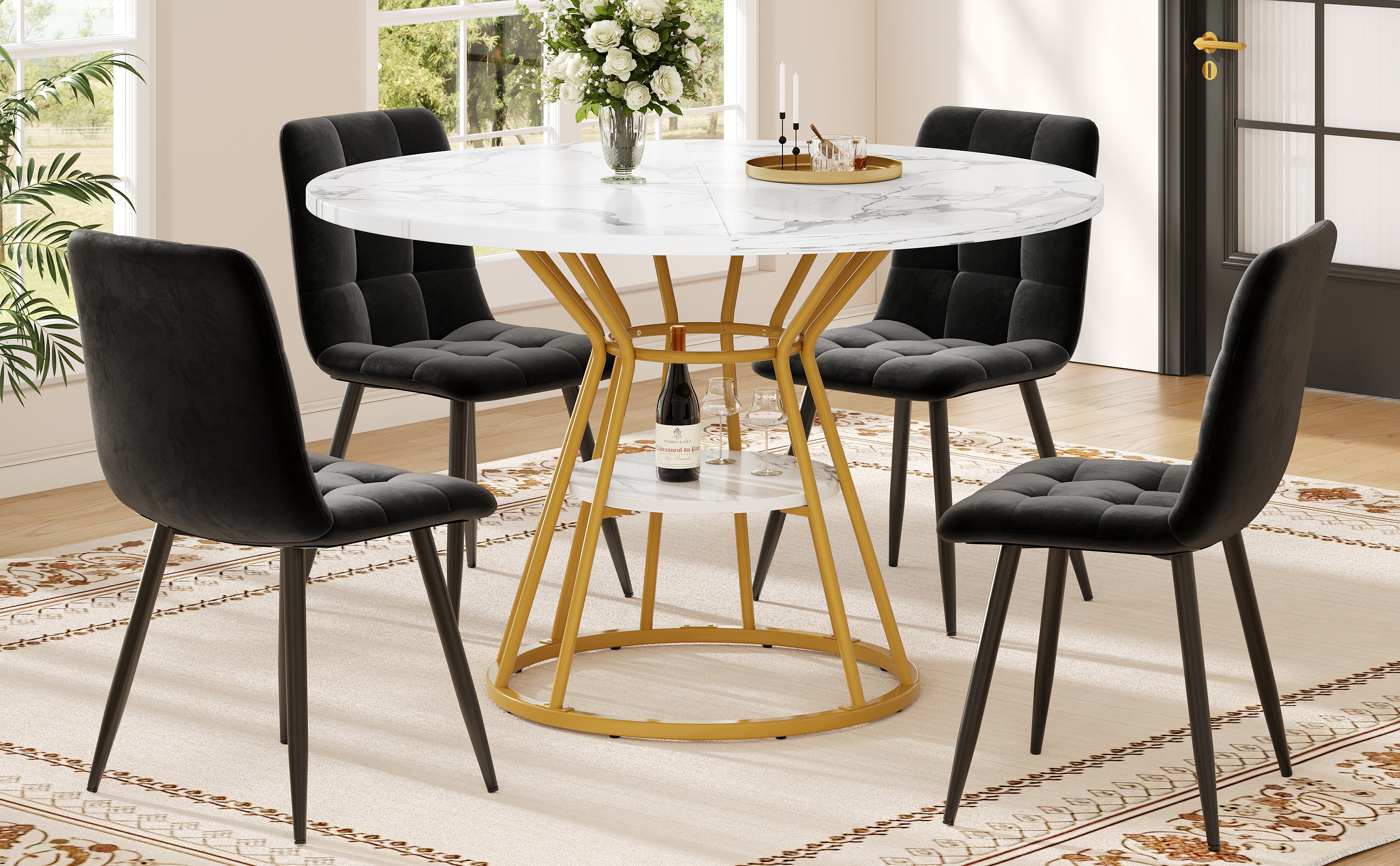 Round Dining Table, Metal Legs Marble Pattern, Gold/Black