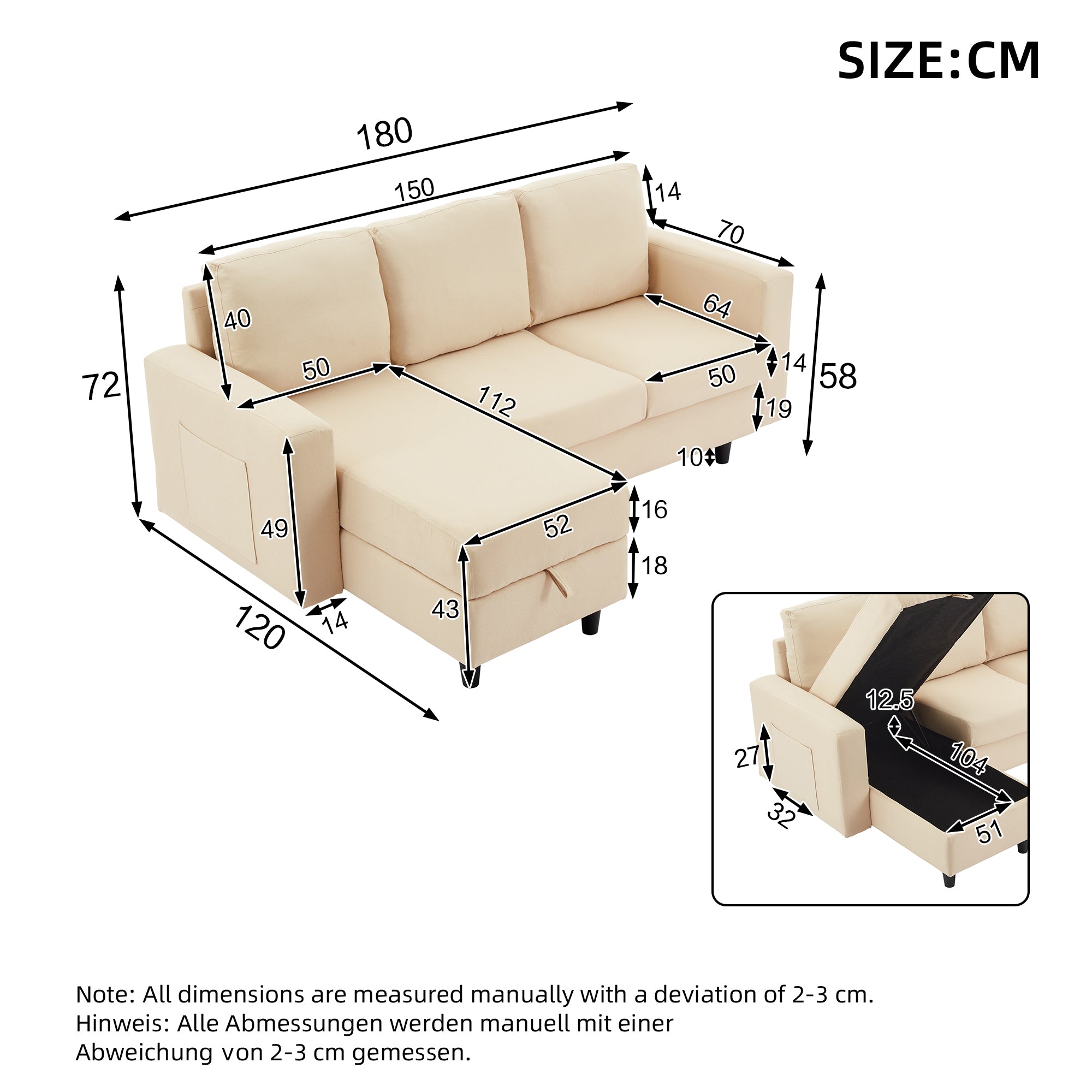 L-Shaped Sofa Bed, 3 Seater Sleeper with Storage, USB, and LED, Beige