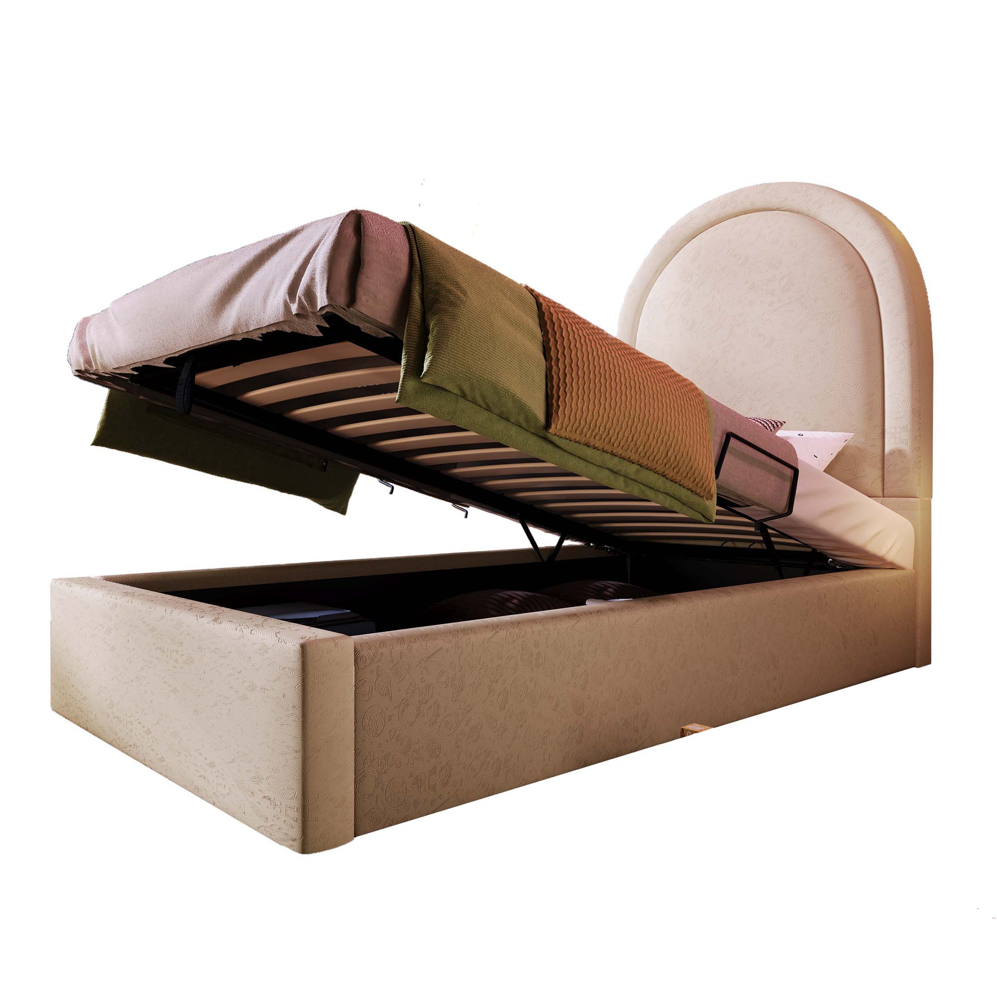 Upholstered children's bed, single bed with cosmic pattern, 90 x 190 cm, beige PU