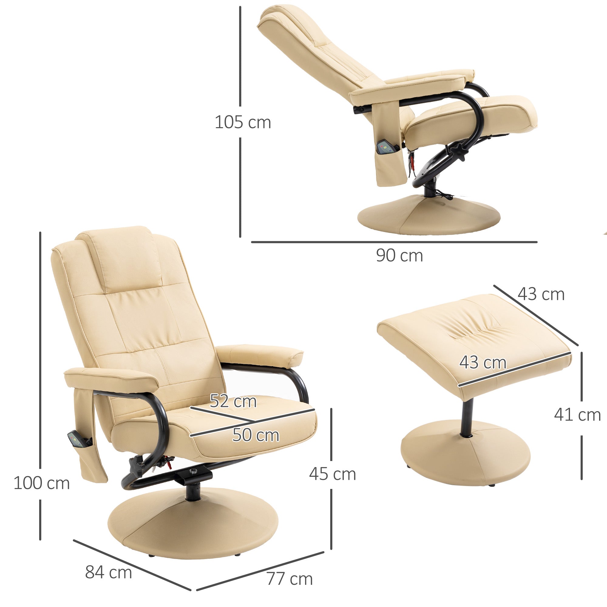 Reclining Massage TV Chair & Footstool, Faux Leather, Cream White