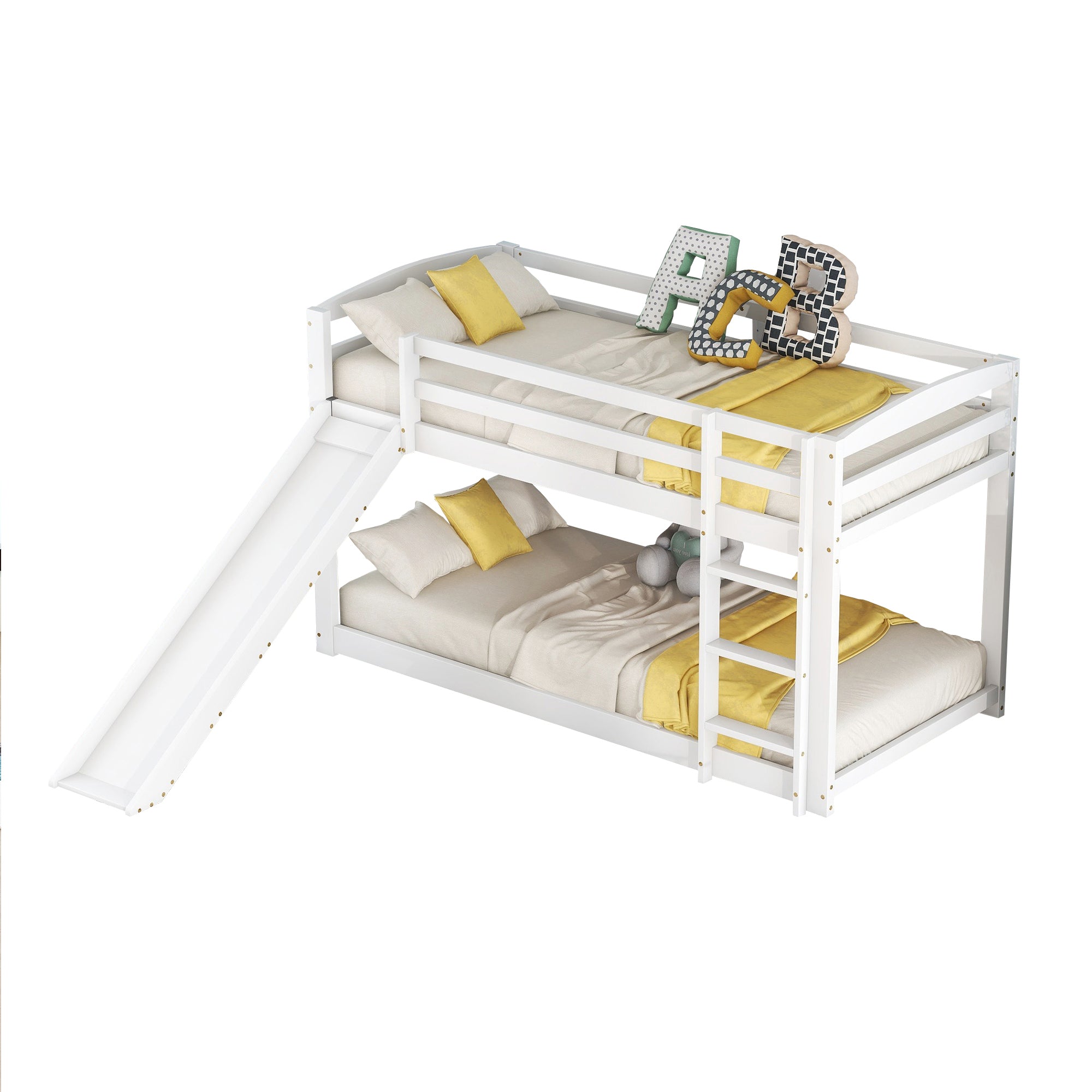 Bunk Bed with Slide, Solid Wood Frame, Easy Assembly, 90x200cm, White